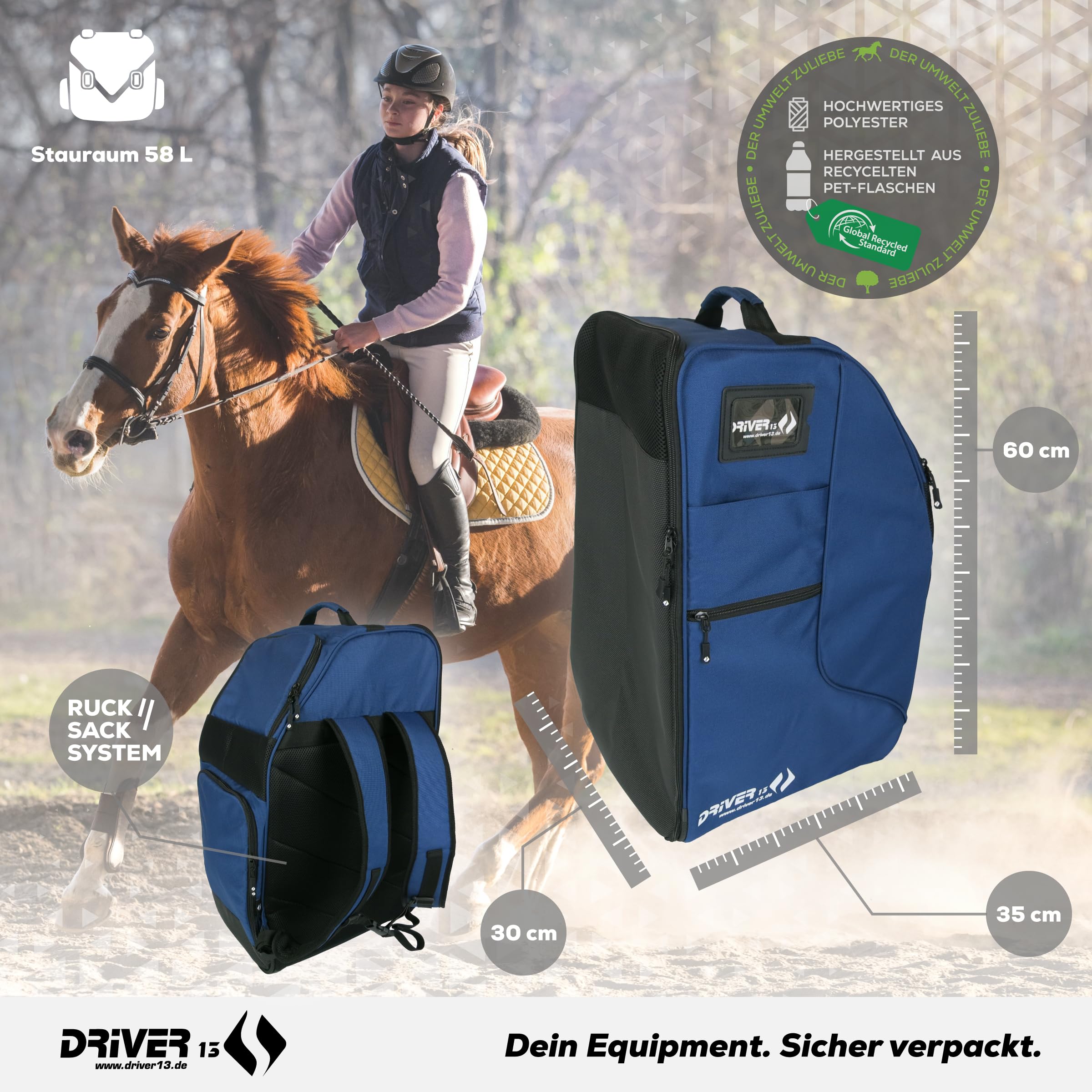 Driver13 Sac à dos d'équitation Deluxe avec compartiment pour casque, sac pour bottes d'équitation et sac pour bottes, pour bottes d'équitation et accessoires