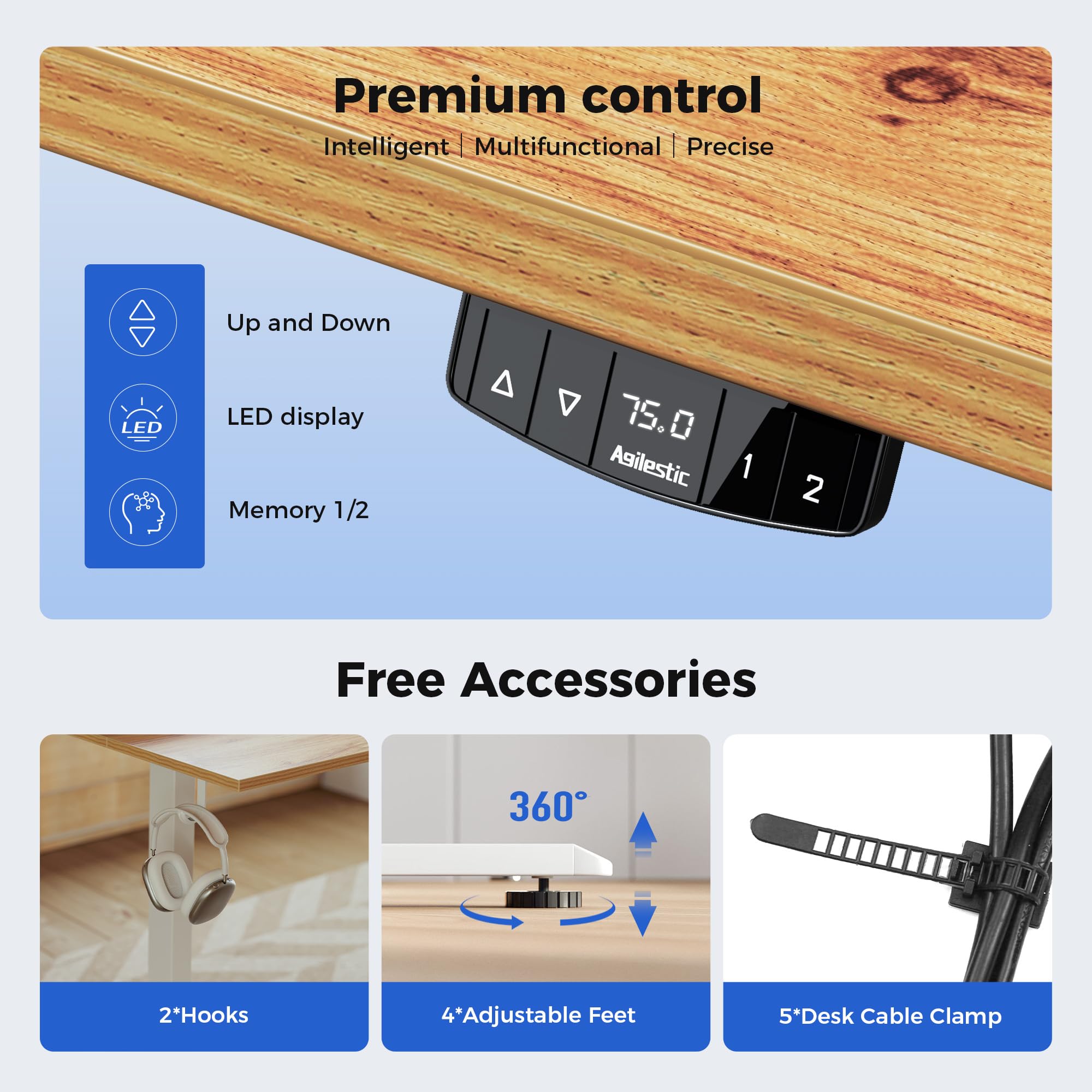 Scrivania Ufficio Elettrica Regolabile Agilestic 100x60cm - Altezza Memoria, Marrone Chiaro - Foto 9