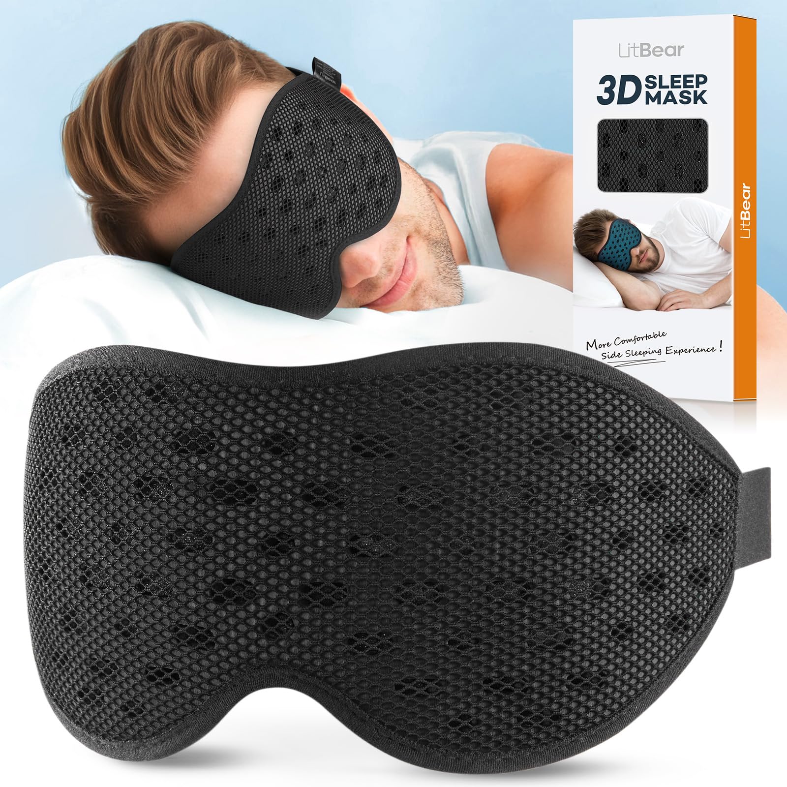 LitBear Breathable Sleep Mask, 3D Eye Mask Sleep for Side Sleepers Women Men, Light blocking Sleeping Mask with Adjustable Strap, Soft Lightweight Eye