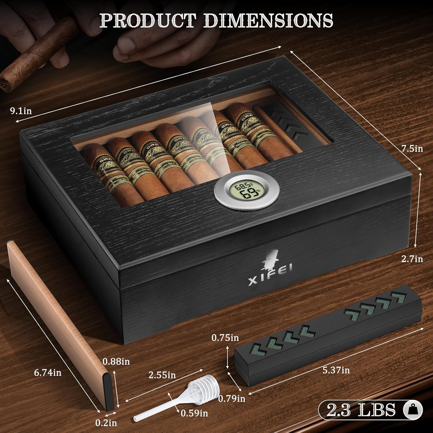XIFEI Cigar Humidor, Glass Top Desktop Humidor Box with Digital Hygrometer & Humidifier, Spanish Cedar Wood Lining, Storage Case for 20-35 Cigars, Elegant Cigar Box Gift for Men - Image 6