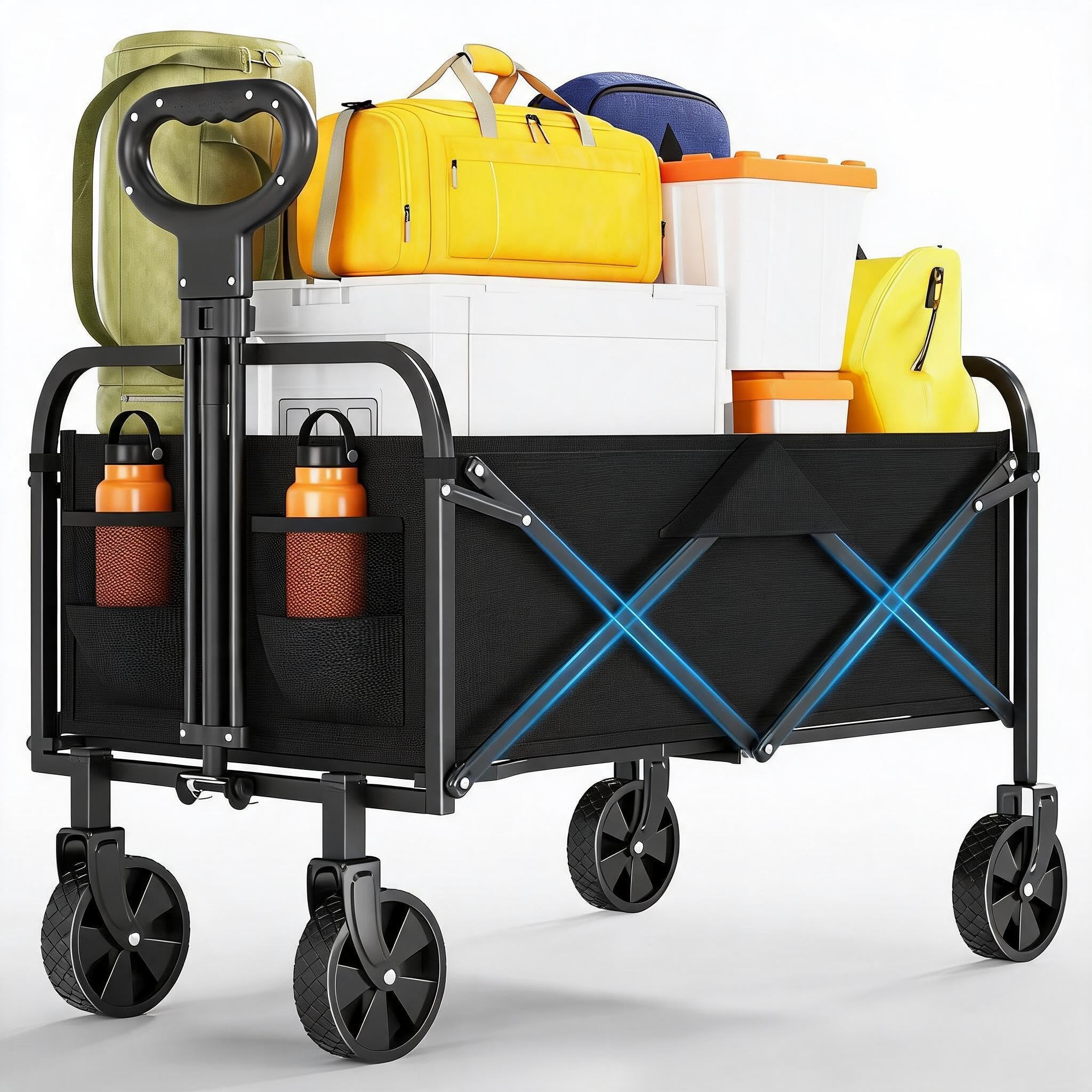 Bollerwagen Faltbar Klein 172KG, Belastbar & 220L Volumen, Handwagen mit Bremsen & Offroad-Rädern, Klappbarer Transportwagen mit Seitentaschen für Strand, Camping & Garten