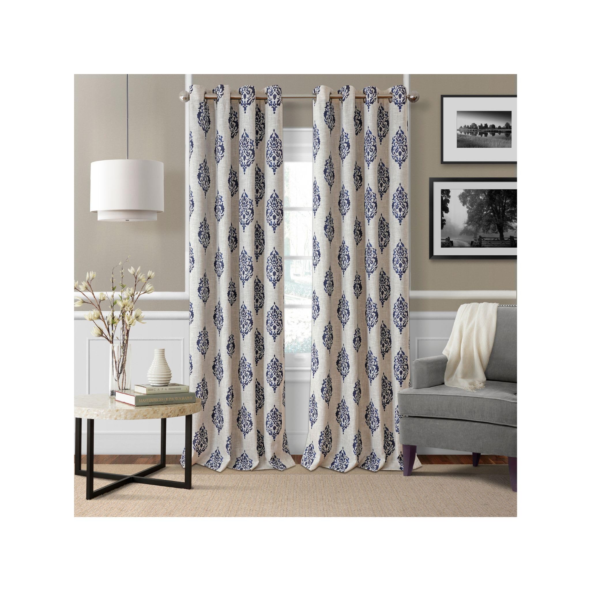 Elrene Home Fashions Navara Medallion Room-Darkening Window Curtain, Single Panel, 52" x 84" (1 Panel), Navy