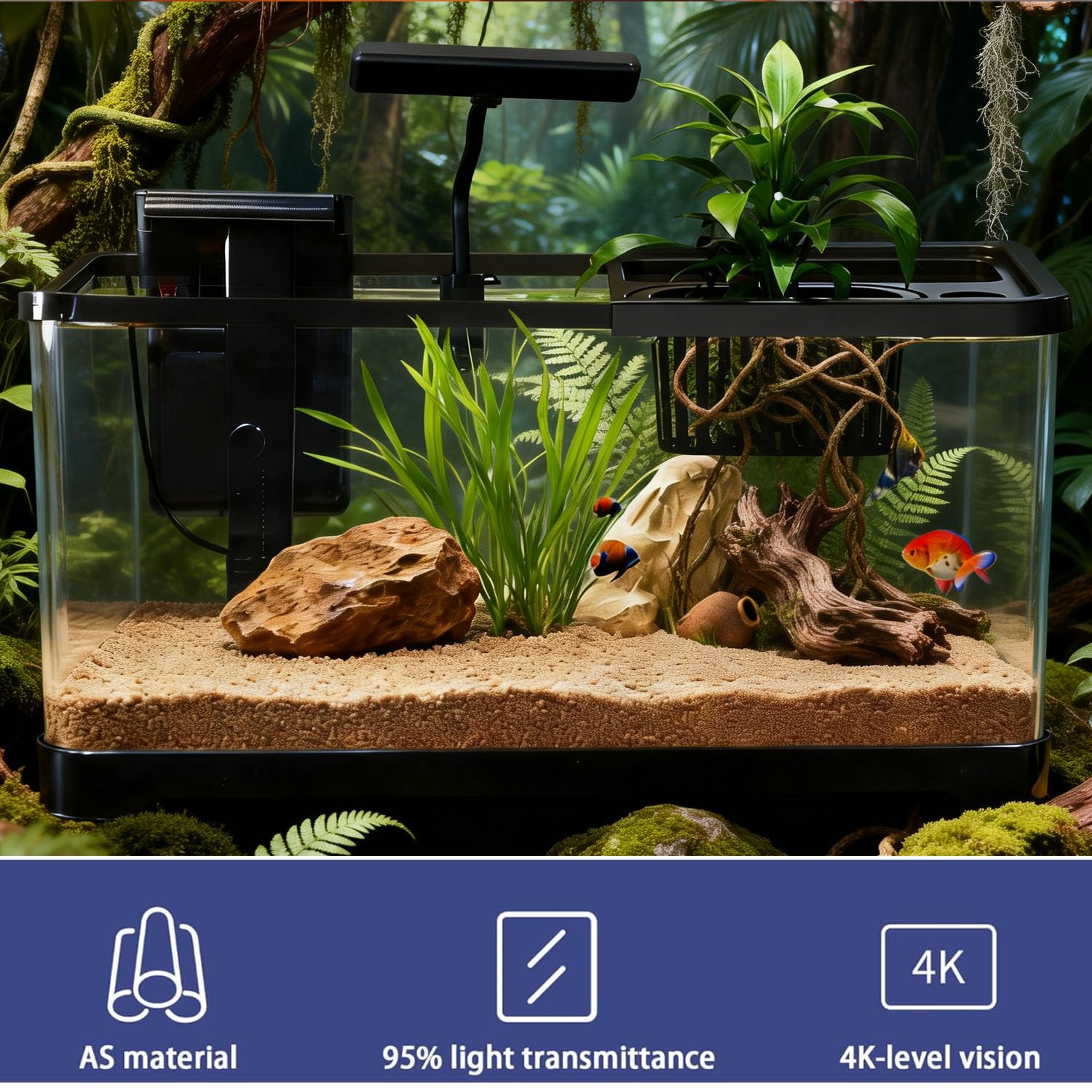 Aquarium-Starter-Set aus Kunststoff mit Filter, kleinem Netz und LED-Licht, für Betta, Nano-Aquarium aus Kunststoff mit Deckel (47 x 20 x 20,50 cm/schwarz)