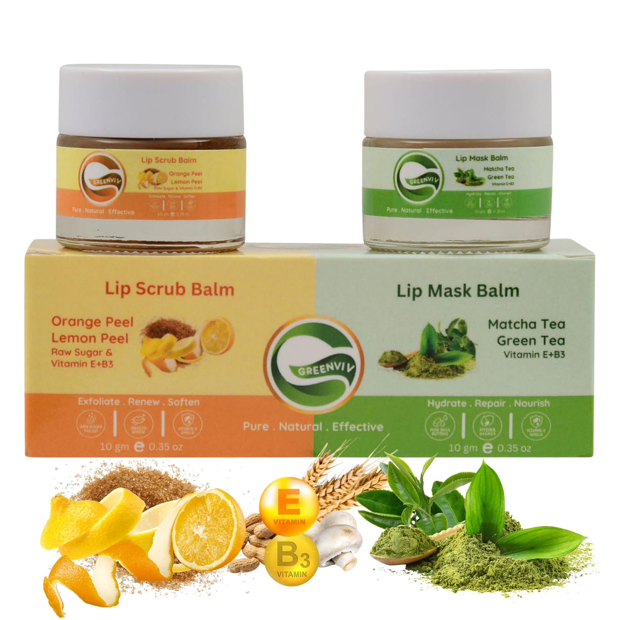 Greenviv Orange & Lemon Lip Scrub + Matcha & Green Tea Lip Mask for Dull & Dry Lips, Removes Dead Skin & Smoothens Lips | 20 g, Pack of 2