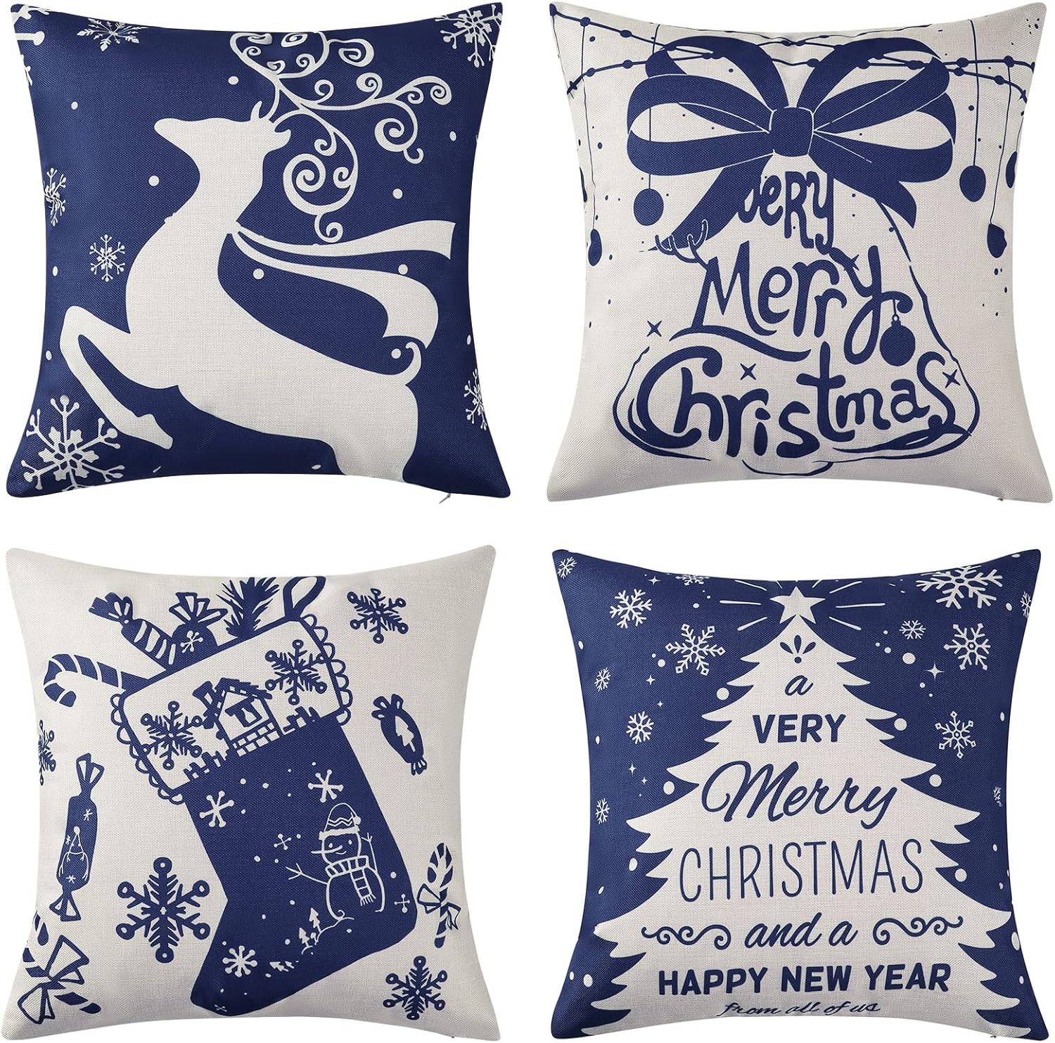 LuxFocus Christmas Cushion Cover, Set of 4, Faux Linen, Blue, Christmas