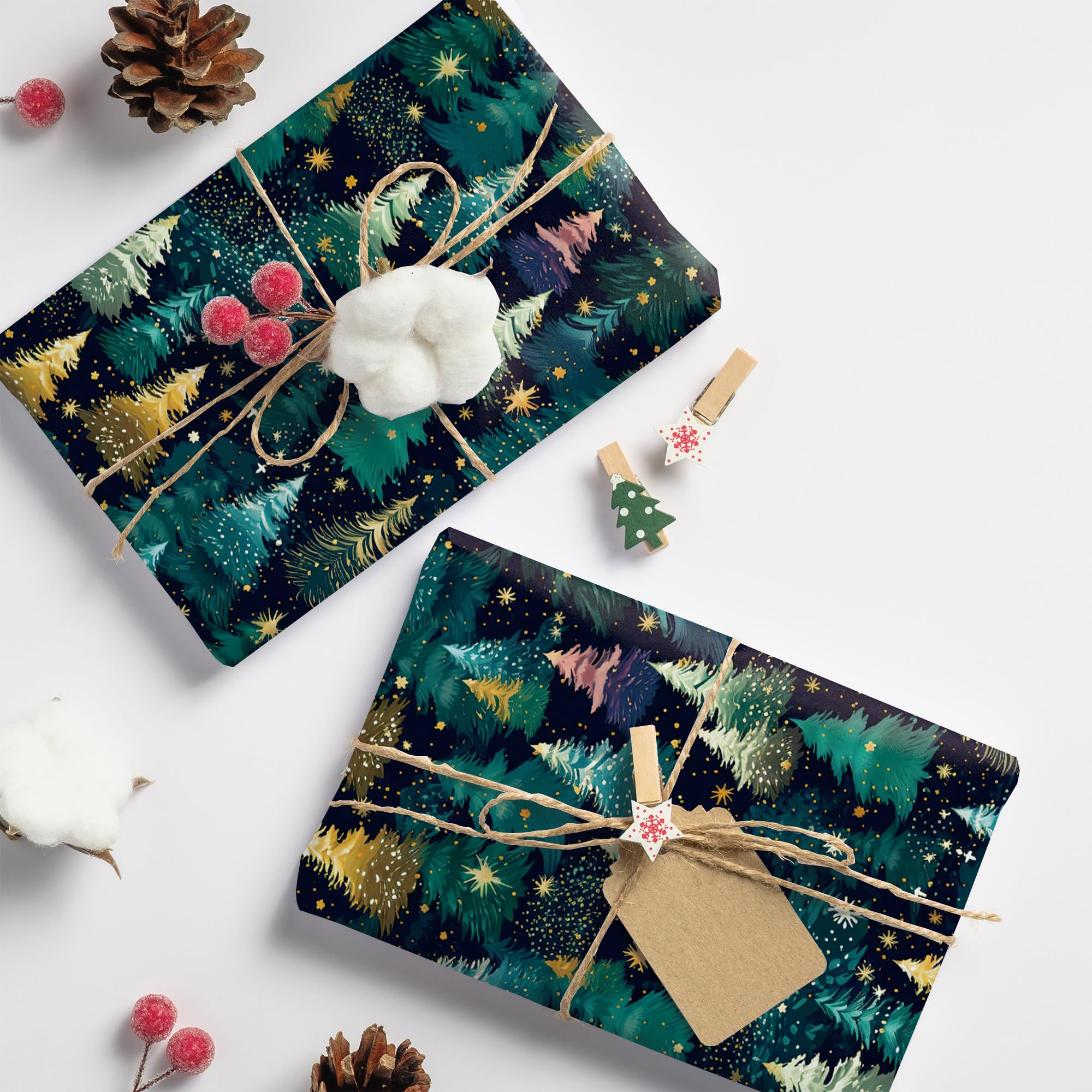 SaringSwoon Papel de regalo de árbol de Navidad para niños y adultos, papel de regalo de Navidad con cielo nocturno estrellado, diseños de árboles de Navidad y estrellas para vacaciones de invierno,