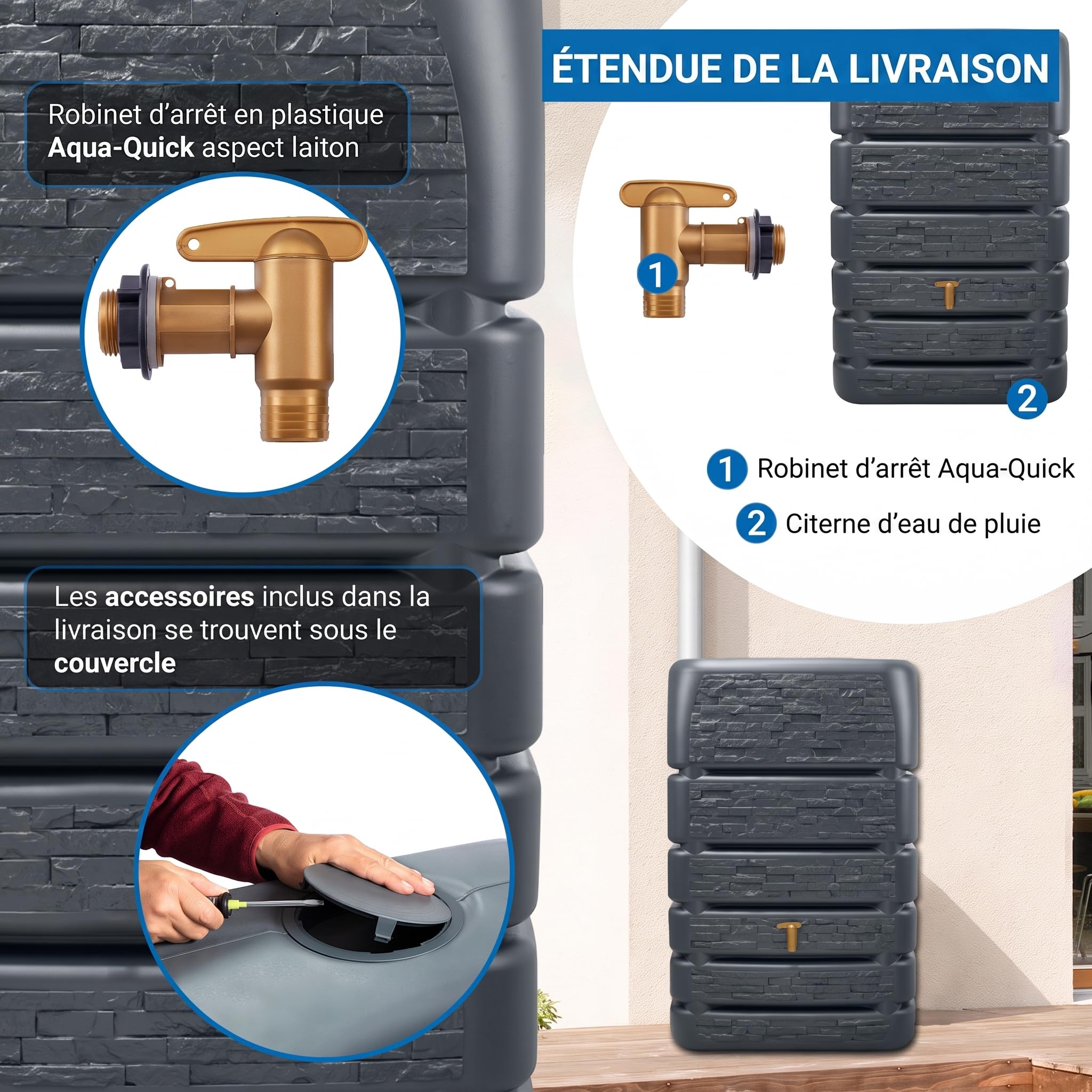 4rain Cuve Murale Recuperateur d Eau de Pluie, 510 L, Gris Graphit | Slim Stone Decor, décorative pour Jardin, Collecteur d’Eau, Design Robuste avec Robinet