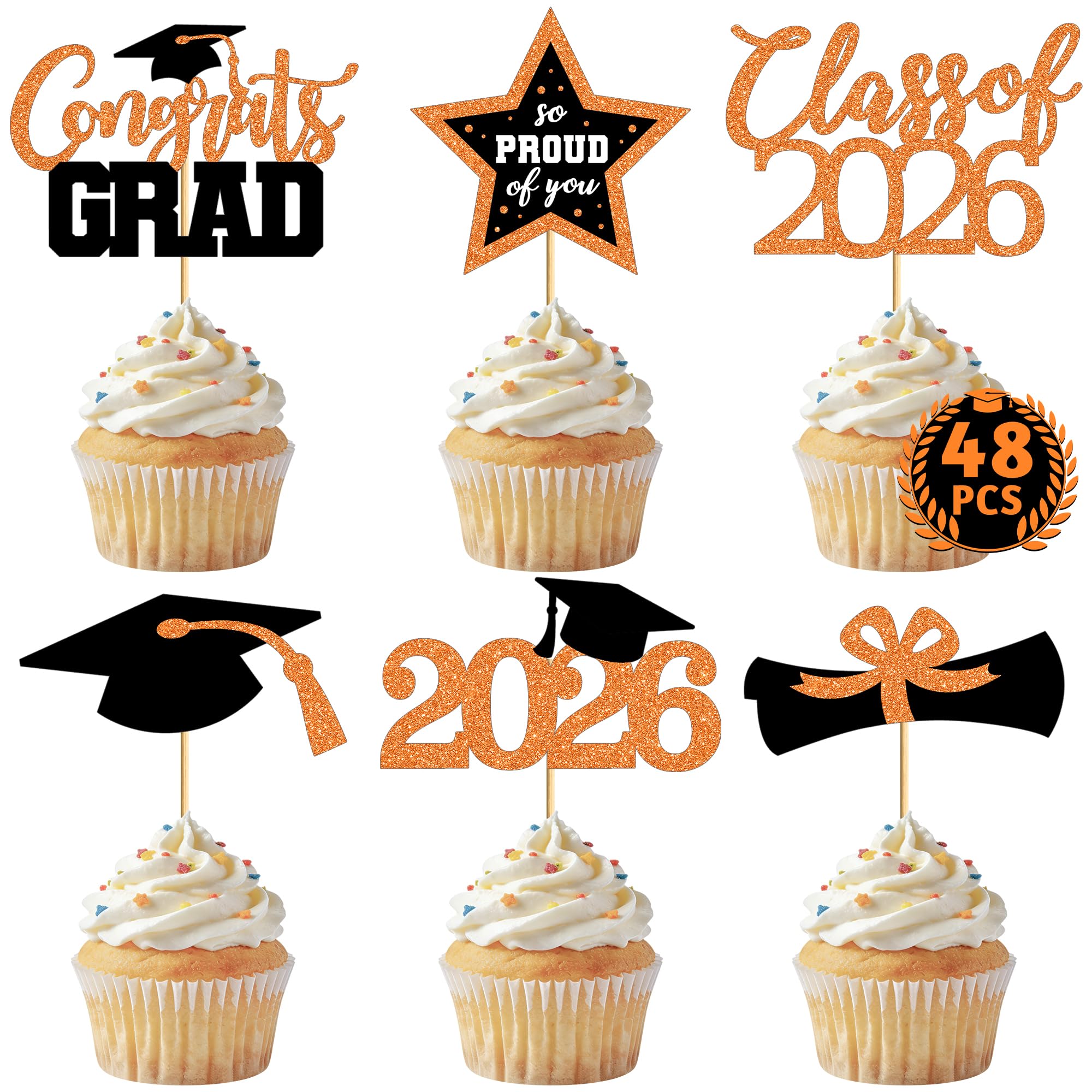 48 PCS Graduation Cupcake Toppers 2026, 6 Styles Grad Cake Topper, Black and Orange Graduation Decorations, Glittery Cap and Diploma Cake Picks for Congrats Grad Decor Party Supplies