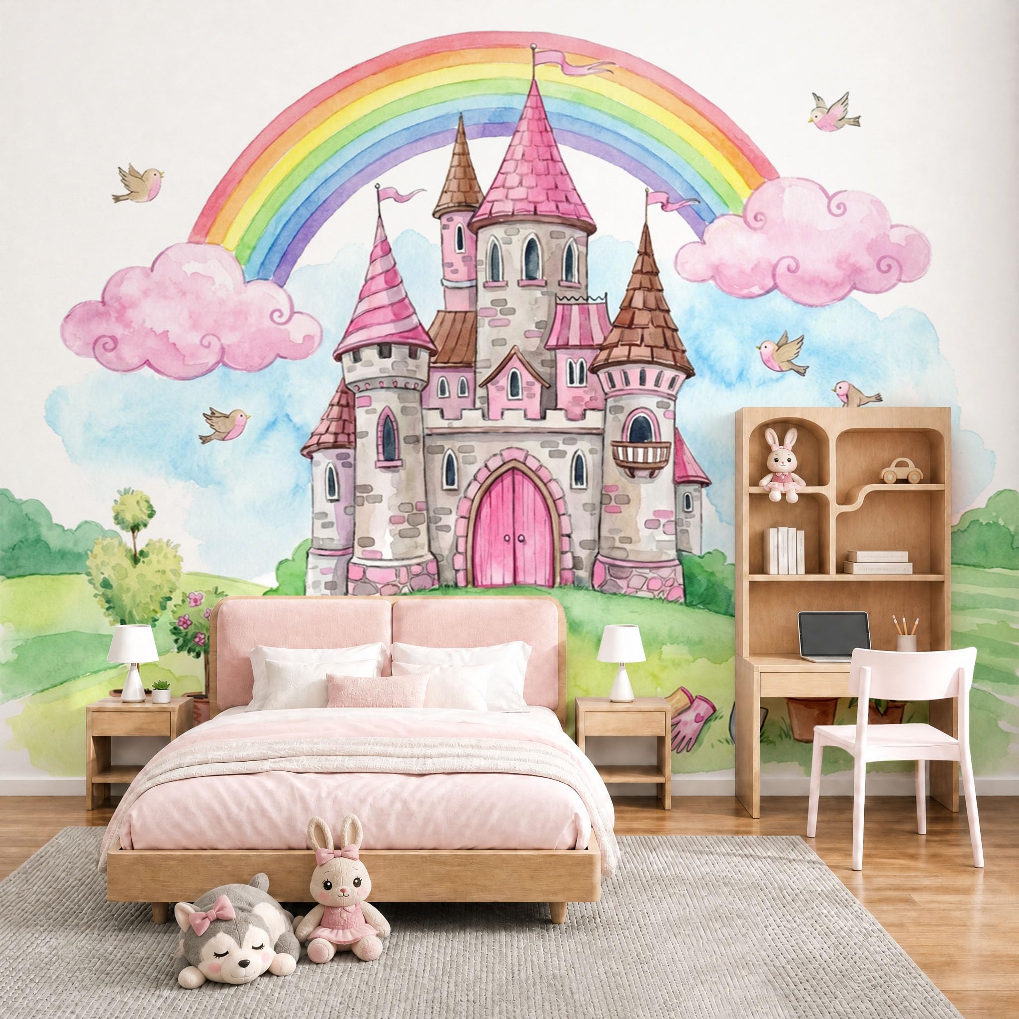 Papier peint panoramique 3D arc-en-ciel château aquarelle 400x280 cm pour salon