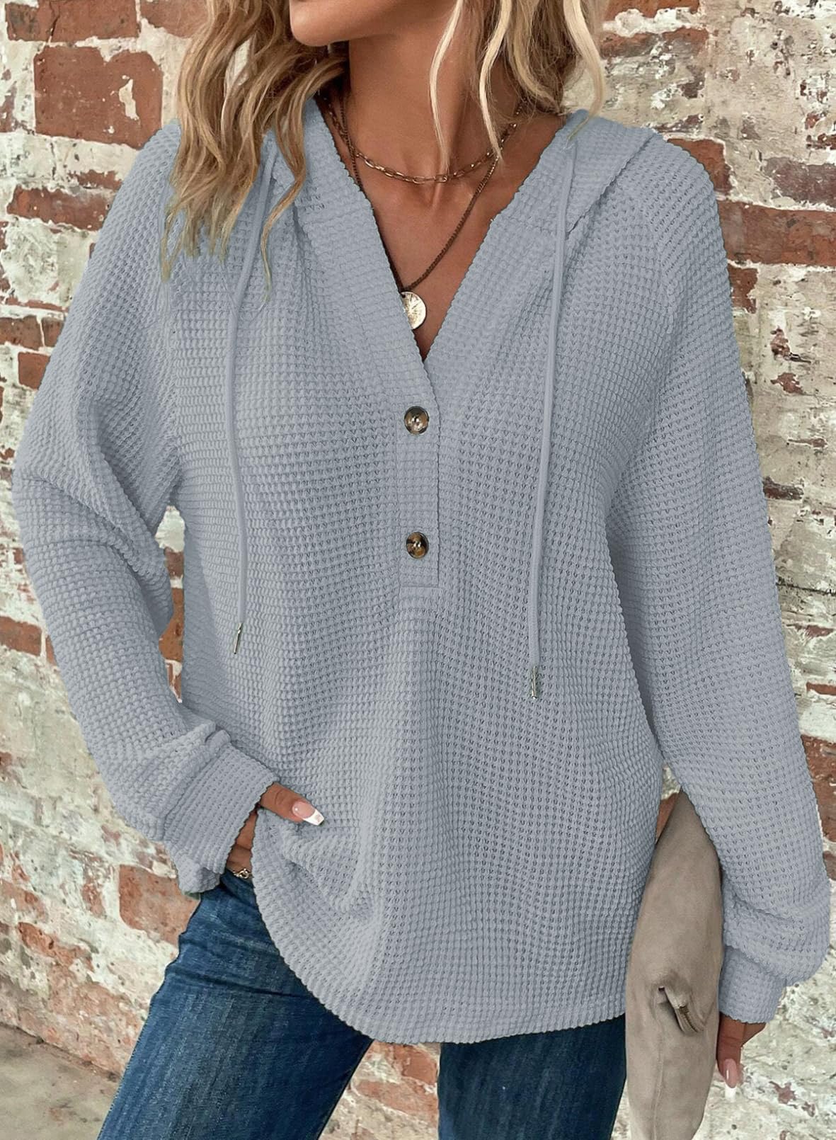 Cuptacc Sweat Femme Manche Longue Col V Boutonné Pull Oversize Cordon Waffle Sweat à Capuche Femme