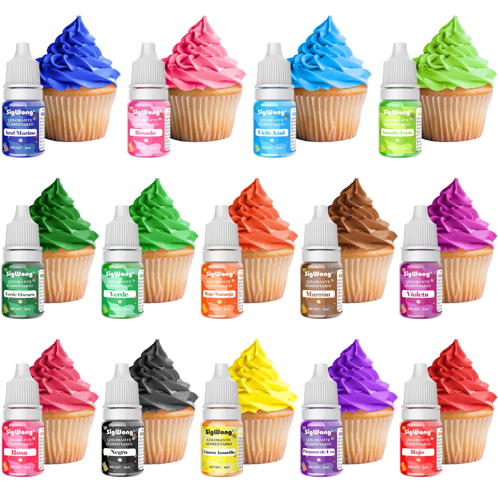 Colorante alimentario 14 x 6ml, Set líquido de alta concentración para bebidas, pasteles, galletas, macaron y fondant