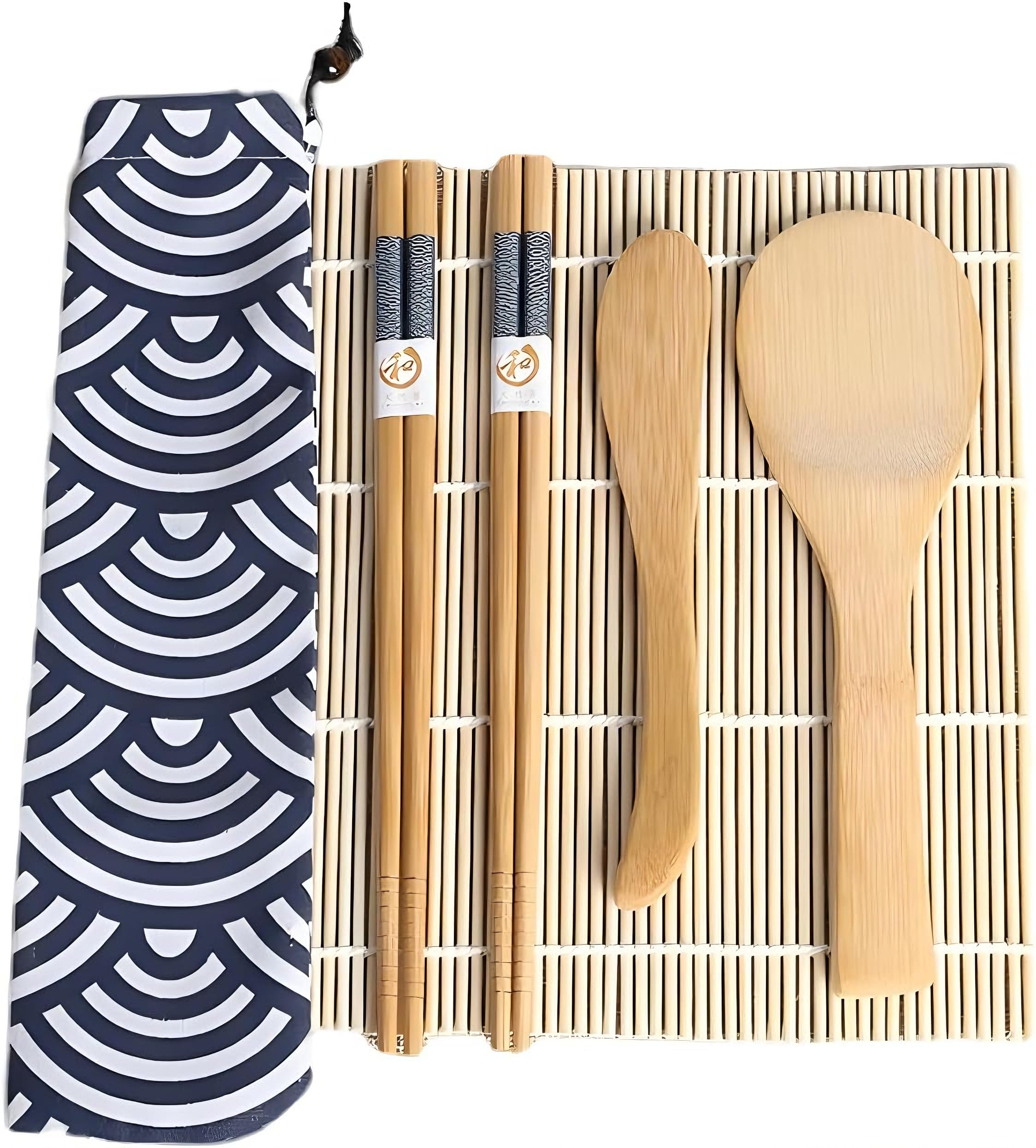 Complete Bamboo Sushi Making Kit - Includes Rolling Mat, Rice Paddle, Spreader & Chopsticks