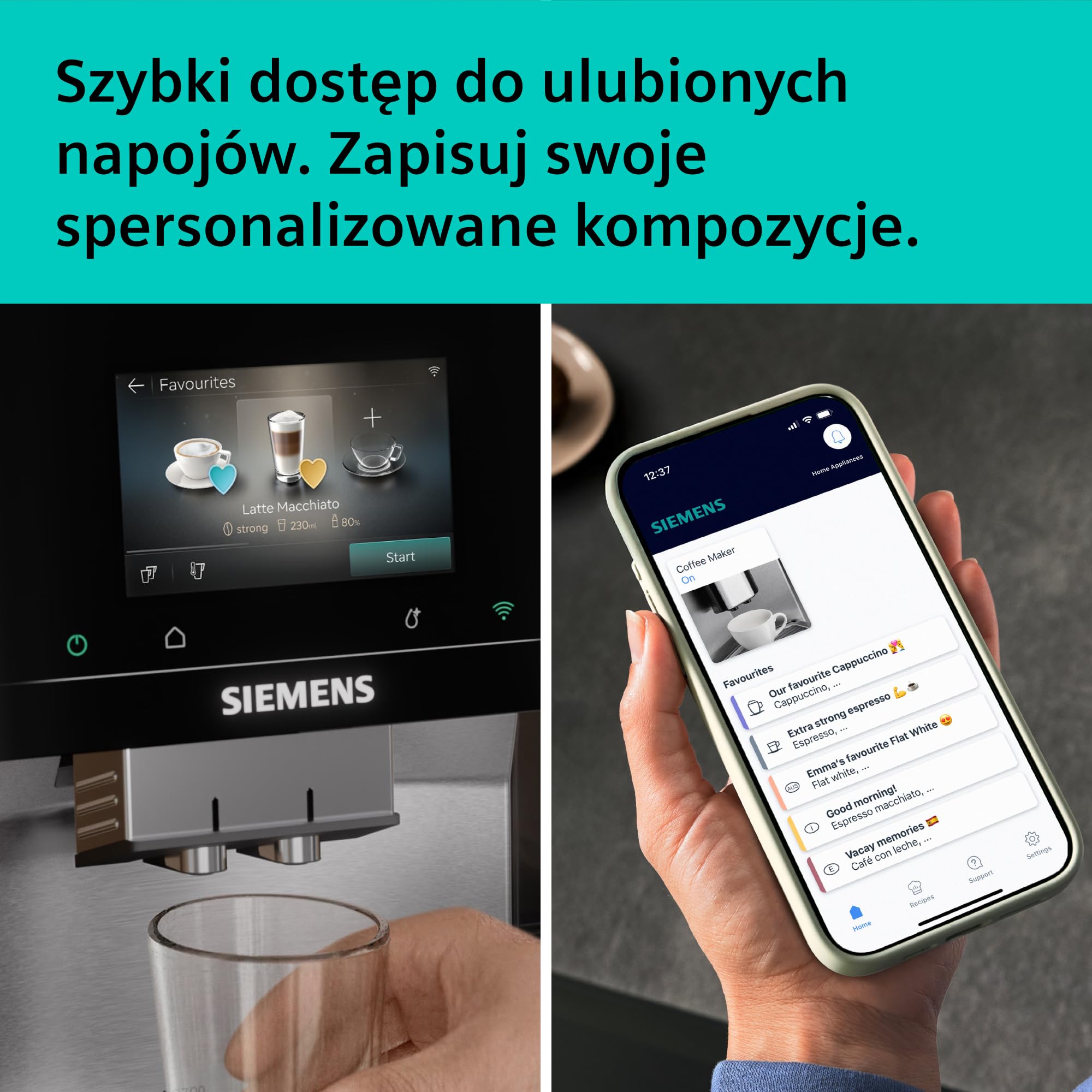 Siemens, automatyczny ekspres do kawy, EQ700 iAroma, wyświetlacz dotykowy, zintegrowany pojemnik na mleko, podgrzewacz filiżanek, Cold Brew i Slow Brew, stal nierdzewna/czarny, TQ727E03