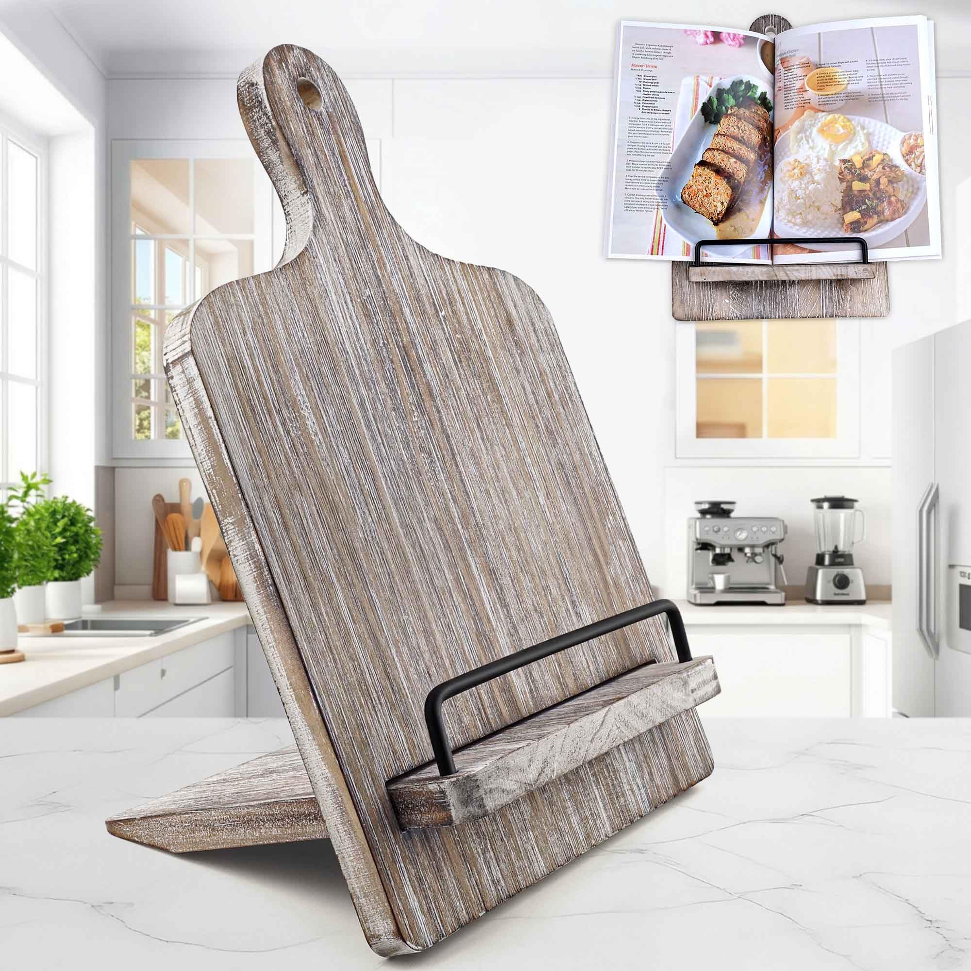 Soporte para libros de cocina Soporte para libros de cocina | Soporte para recetas de madera estilo tabla de cortar con soporte extraíble ajustable (gris)
