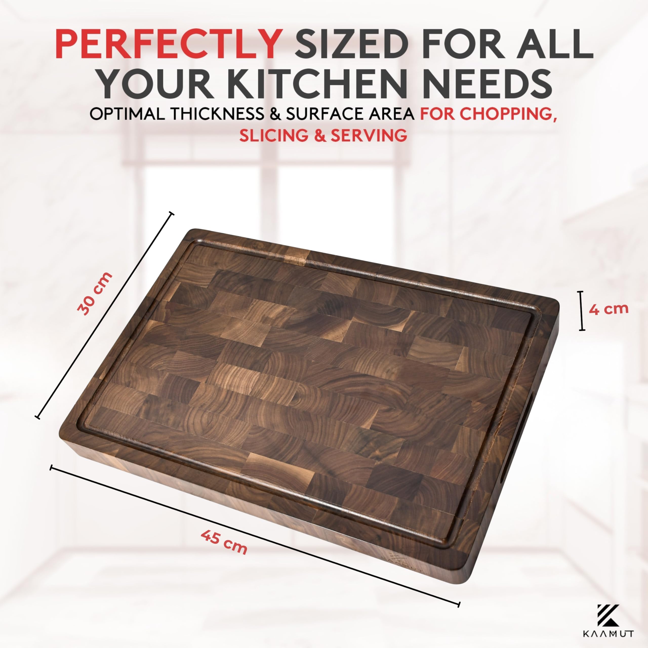 Tagliere di lusso in legno di punta massiccia in noce nero nordamericano – extra spesso e durevole – 45 × 30 × 4 cm – Rigola per succhi e manici – piedini antiscivolo – confezione regalo