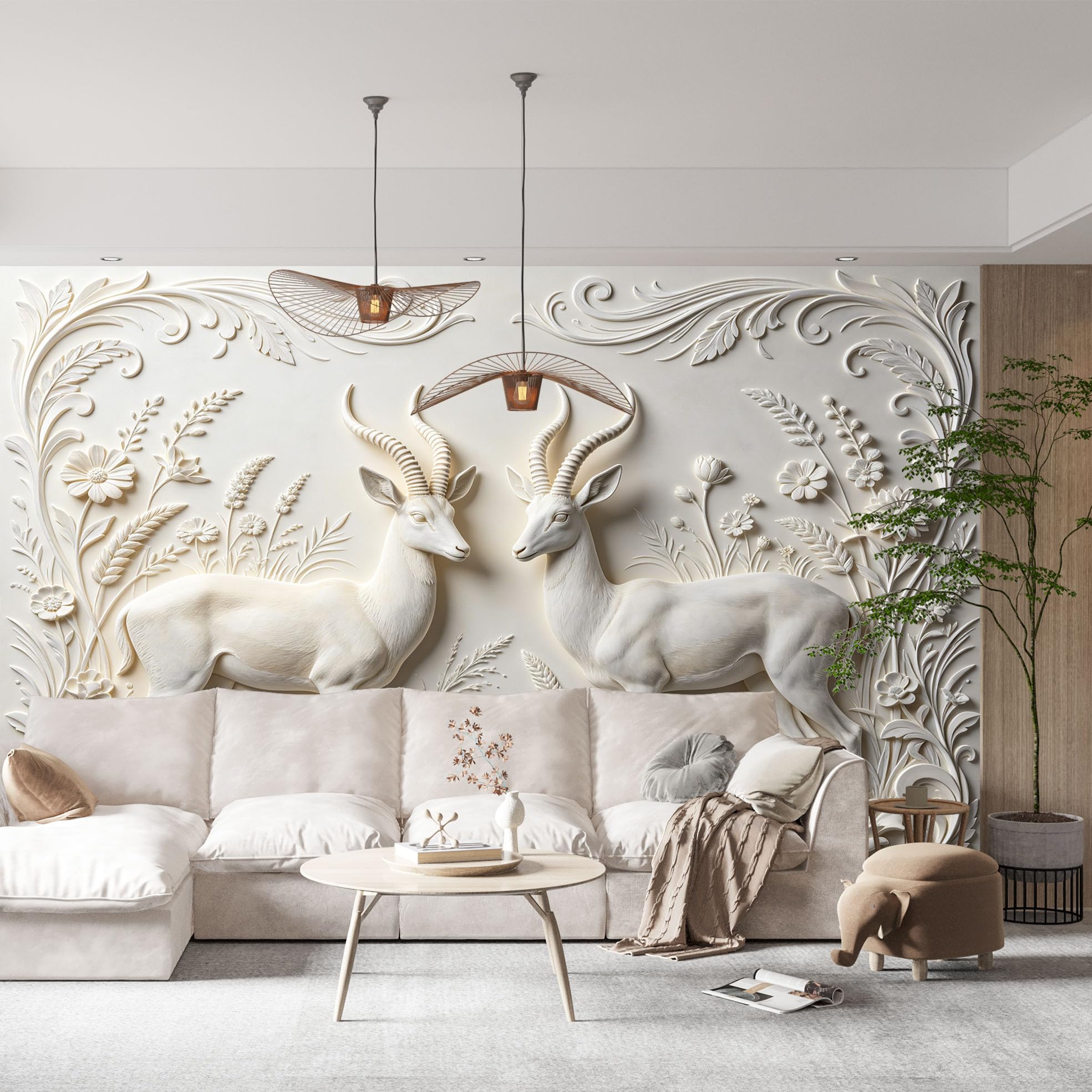 Elegancki jeleń para kwiatowy mural ścienny romantyczny las jeleń kwiat włókniny tapeta luksusowa neoklasyczna botaniczna kwiatowa fototapeta 500 x 280 cm kremowa biel cecha ściana do salonu sypialni