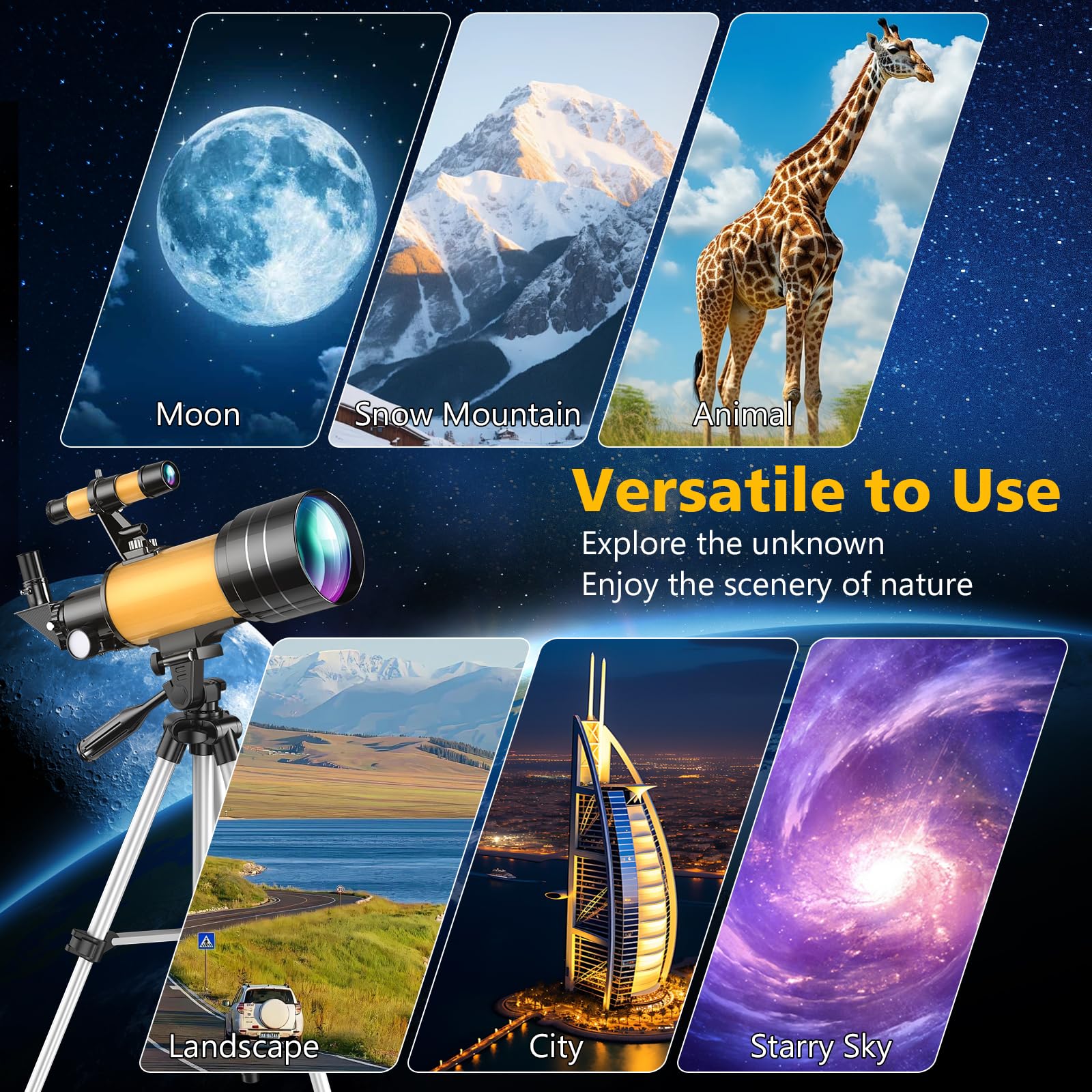 Télescope Astronomique 70/300mm, Lunette HD Astronomique Réfracteur avec Trépied Professionnel et Adaptateur de Téléphone, Télescope pour Enfants Débutants et Amateurs, Observer la Lune 15-150X