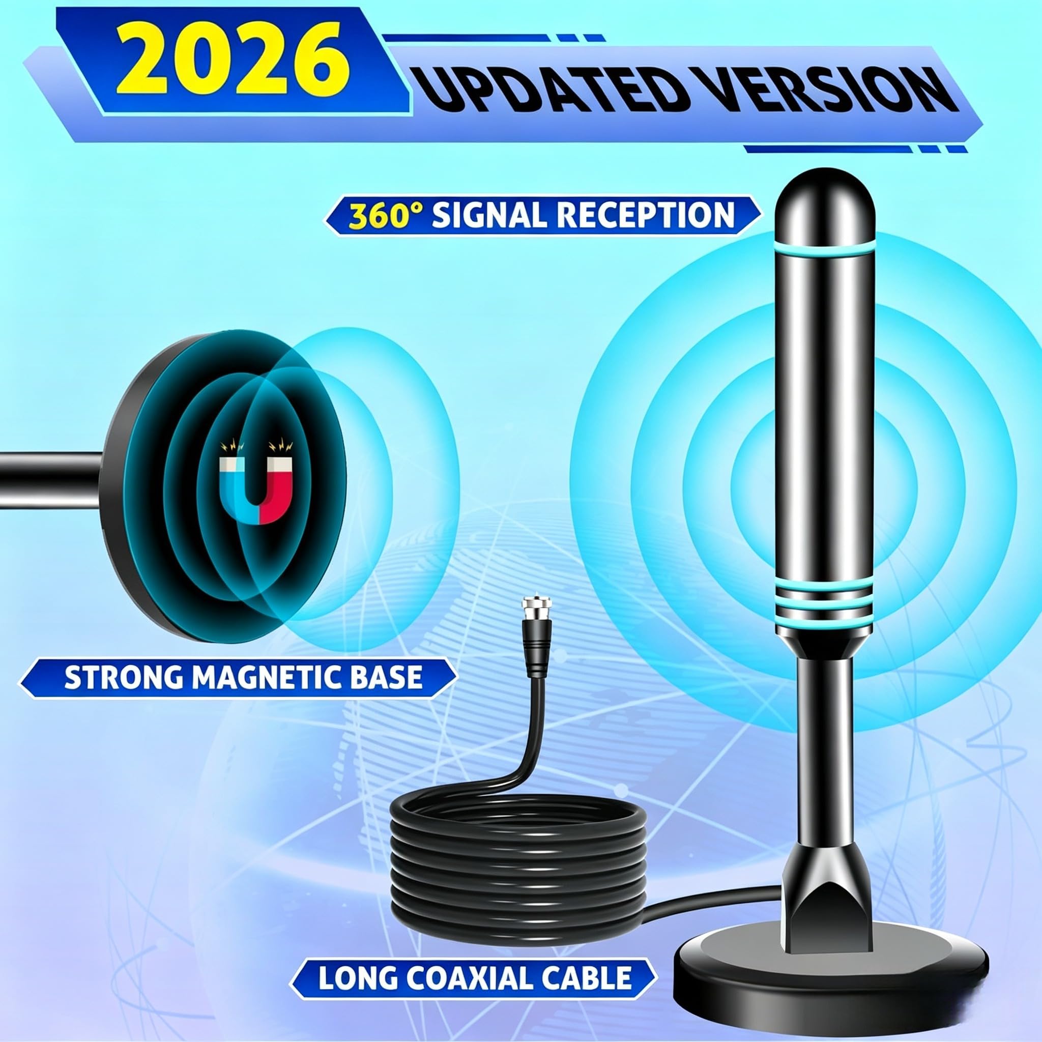 Antenna digitale per Smart TV da interni, antenna TV per canali locali, forte antenna TV con base magnetica per interni per una facile installazione, ricezione a lungo raggio per 4K 1080p, supporta