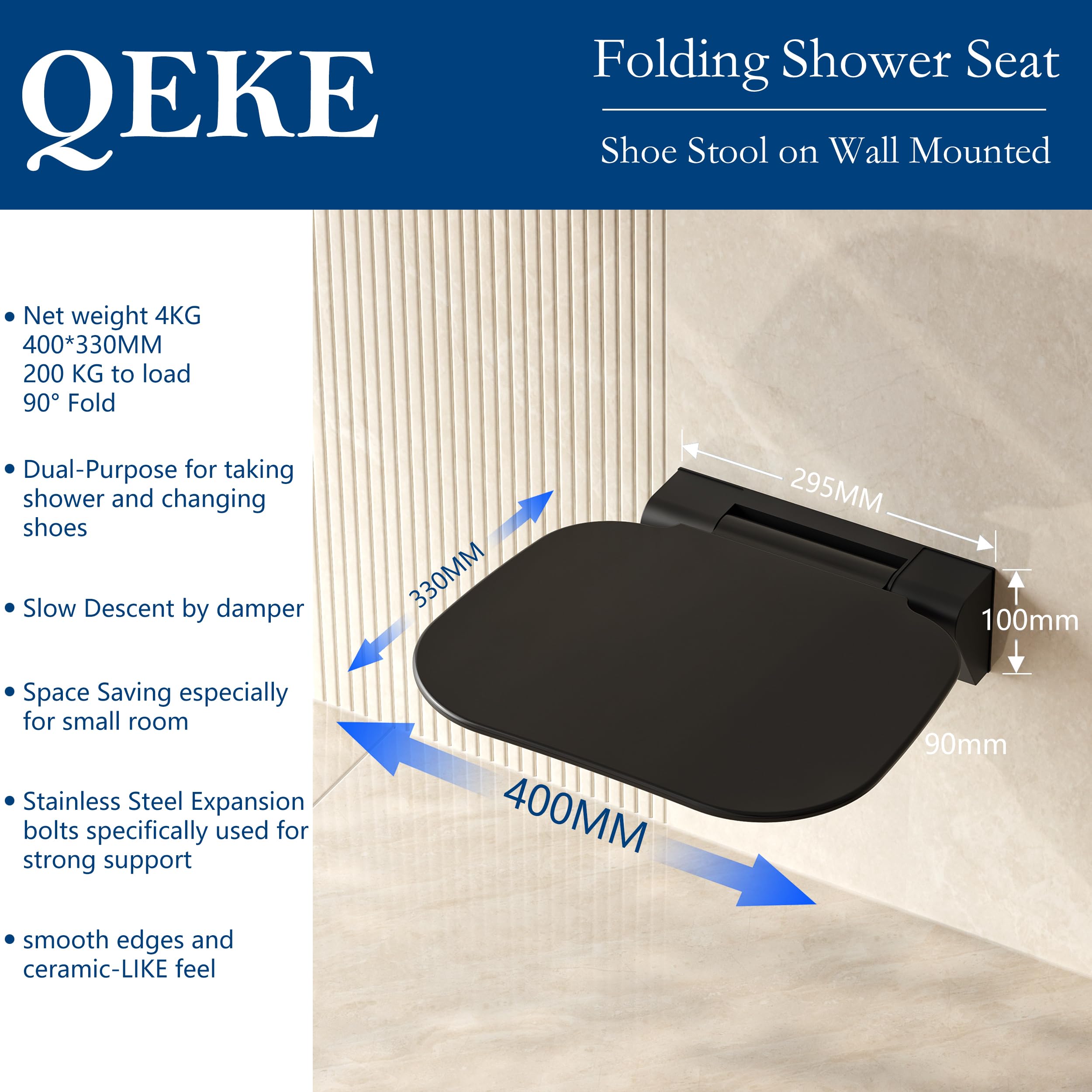 QEKE Asiento de ducha plegable en la pared, taburete de ducha plegable para montaje en pared, silla para baño, 200 kg, color negro