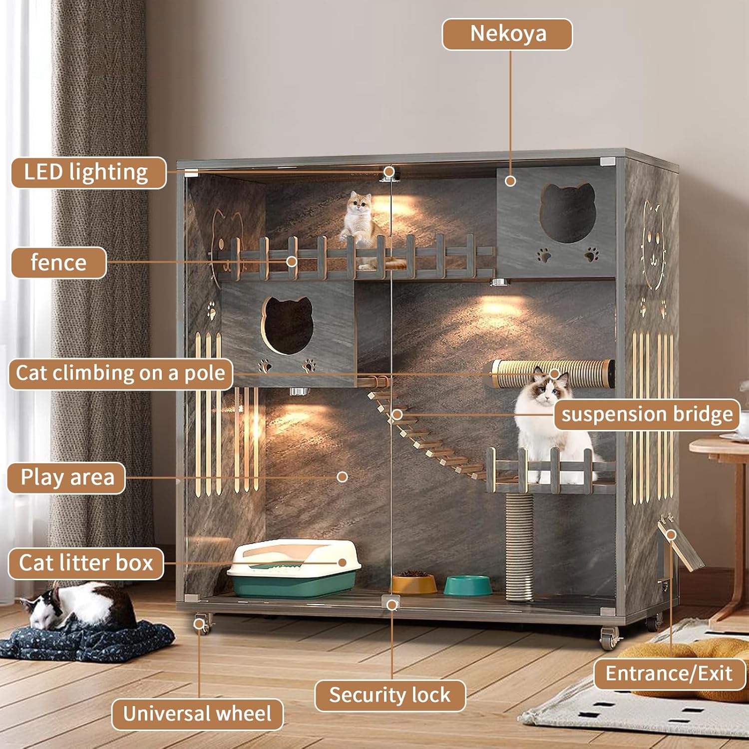Enclosed Cat Condo, Large Space Cat Cage with Scratching Post, Wooden Indoor/Outdoor Cat Enclosure, Multi-Feature Cat Houses Ventilation Glass Doors, 50" X 48" X 24" (Grey, 50" X 48" X 24")