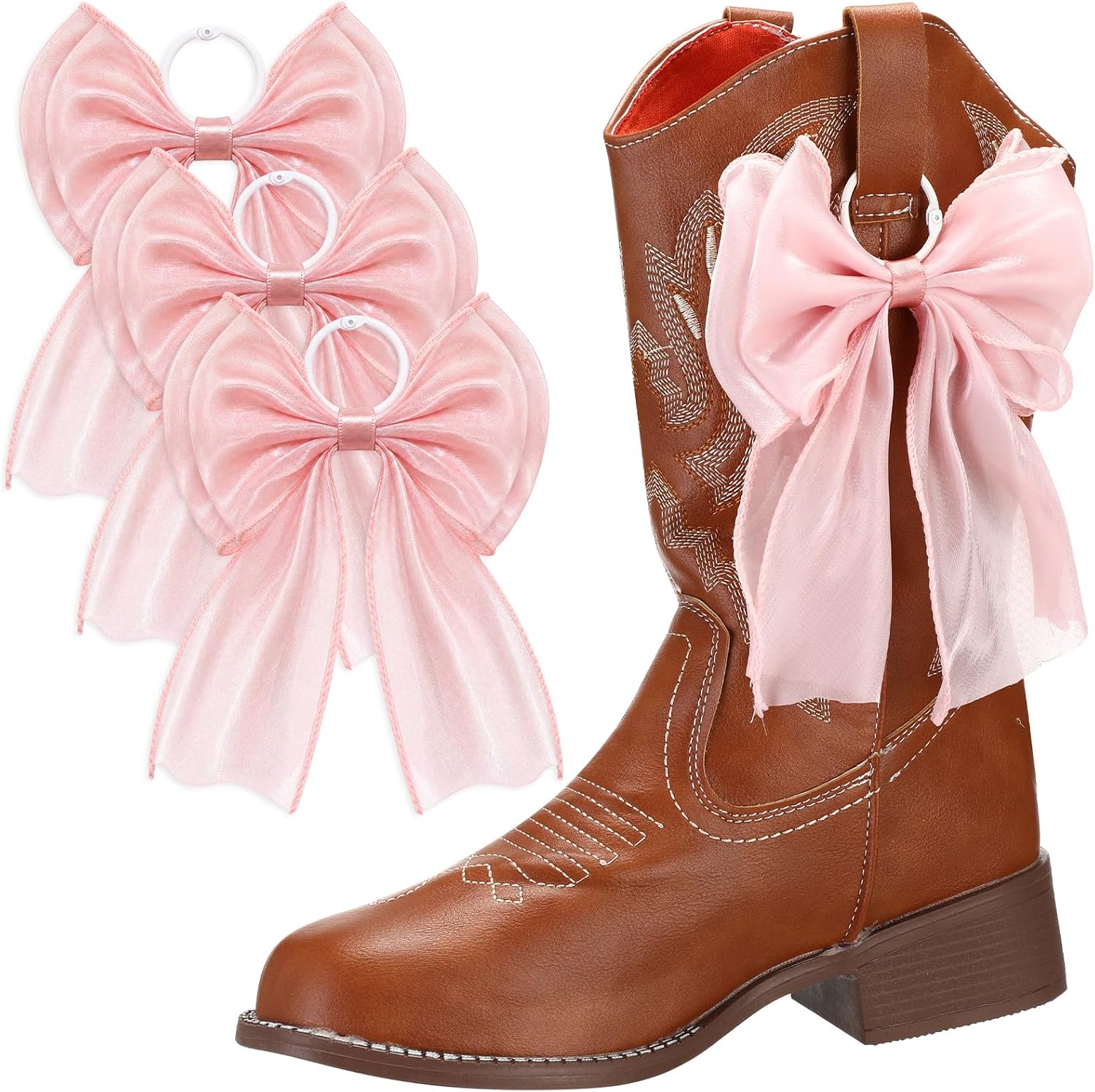 Xinnun 4 Pcs Pink Bow Boot Charms Removable Shoe Decor Clips for Cowboy Boots, DIY Accessories for Wedding Party Gifts (Snap Button)