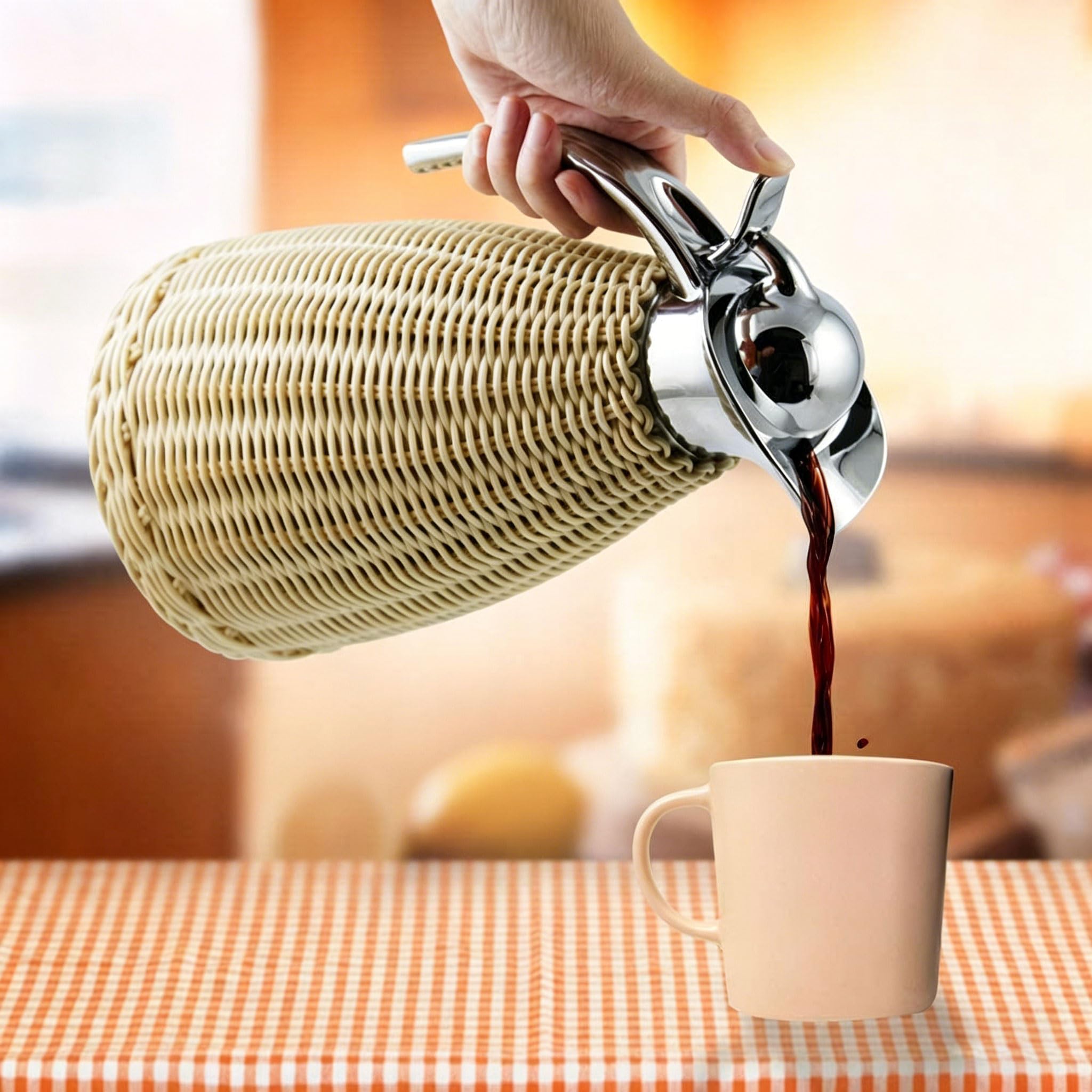 51 uncji (1,5 l) Butelka termiczna ze stali nierdzewnej, 1,5 l rattanowy izolowany dzbanek, podwójna ścianka próżniowa, do stołów jadalnych, kawiarni i sklepów z napojami (kolor