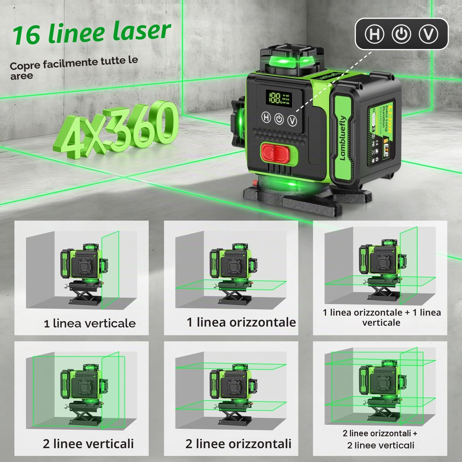 Livella Laser con Treppiede,Livella Laser Autolivellante 360 con 2x4800mAh Batterie & Indicatore LED, 4X 360 °Livello Laser,16 Linee Laser Verde/APP/Telecomando/IP54 Impermeabile