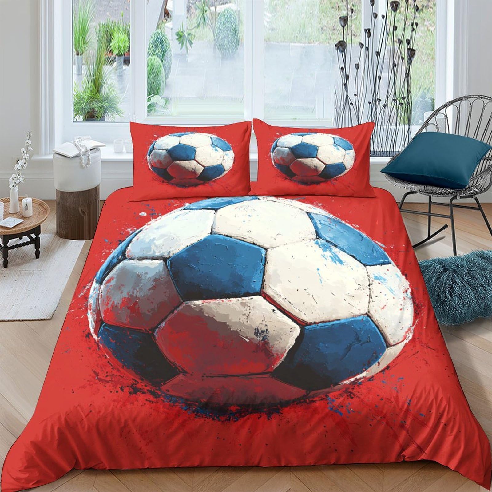 TUFRTGYHN 3D Printed Football Soccer Duvet Cover Microfiber Red Bedding Set with 2 Pillowcases for Bedroom Home Decor Single（135x200cm）