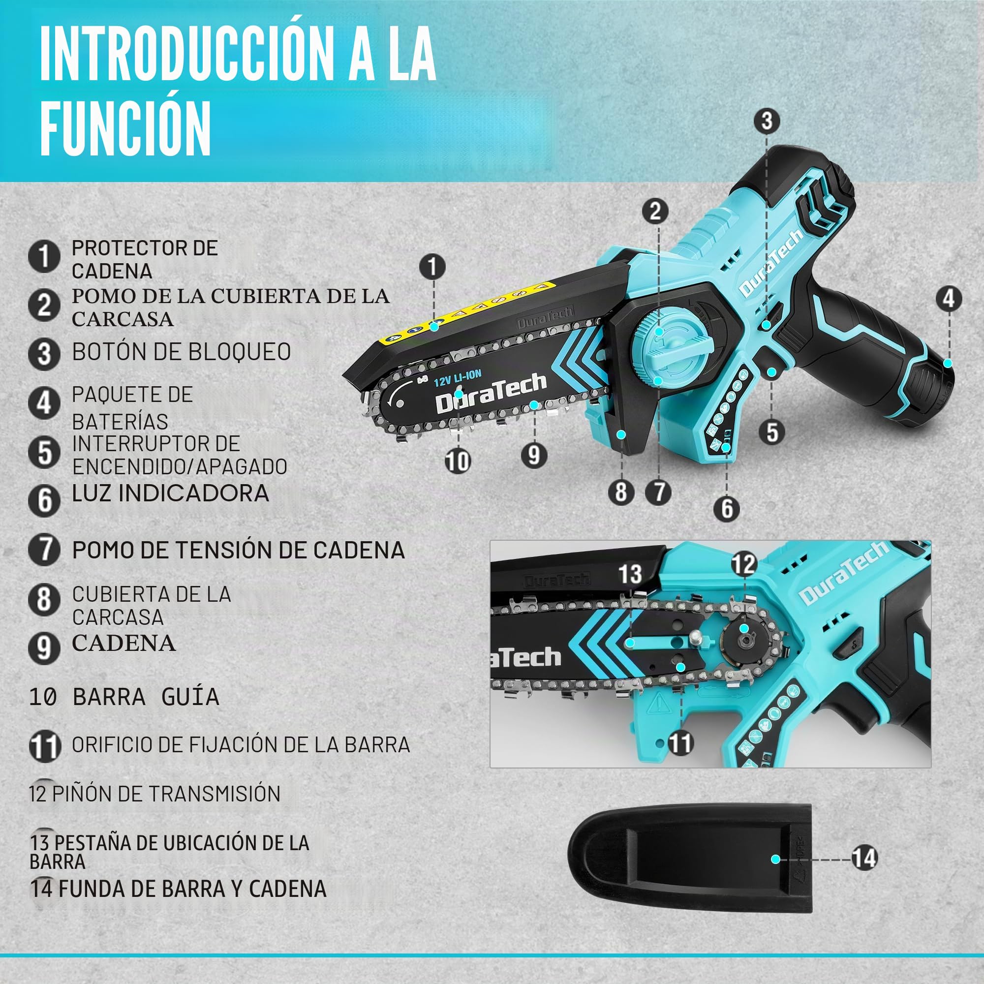 DURATECH Mini Motosierra Inalámbrica 12V con 2 Baterías y Cargador | Motosierra Eléctrica Sin Cable con Bloqueo de Seguridad para Cortar Árboles, Ramas y Arbustos en Jardinería