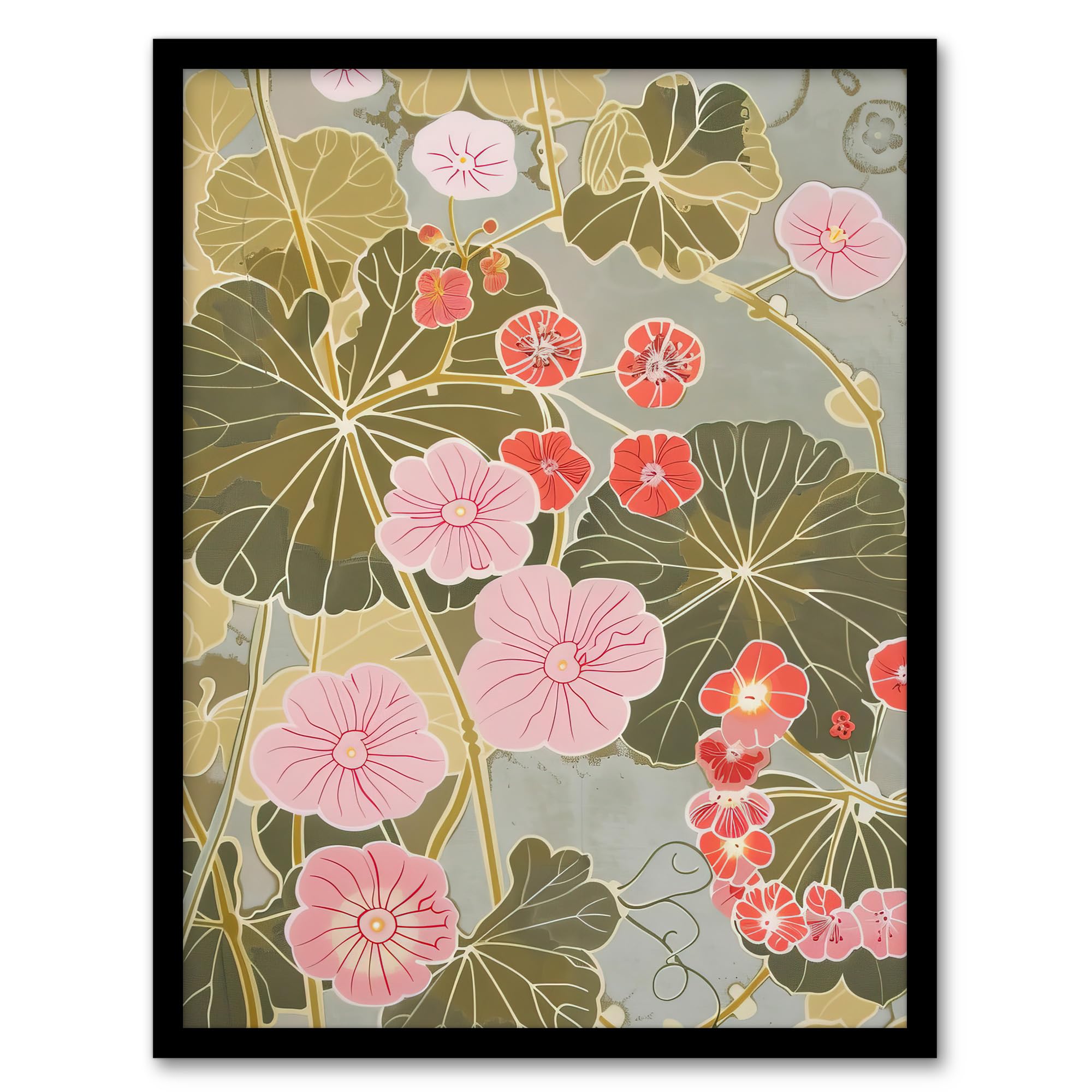 Artery8 Pink Geranium Flowers Artwork Pastel Foliage Living Room Artwork Framed Wall Art Print 18X24 Inch