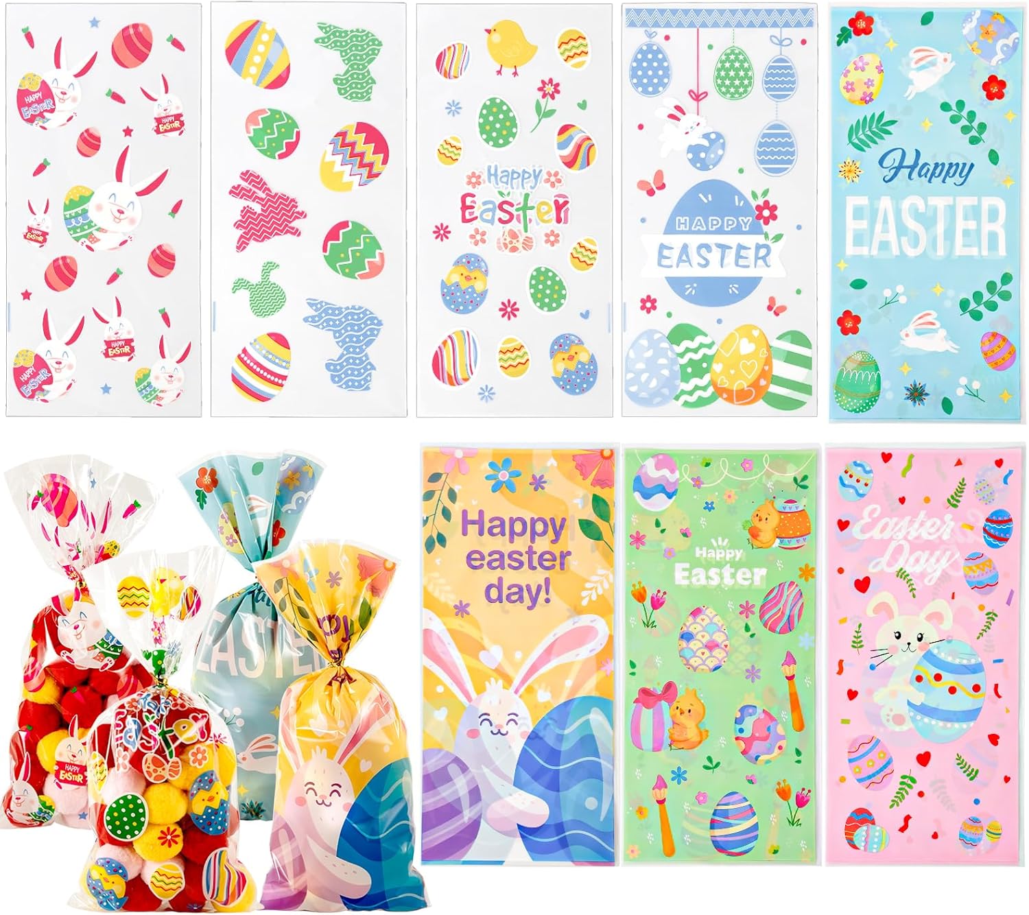 100pcs Easter Gift Bags with Twist Ties, Clear Cellophane Easter Egg