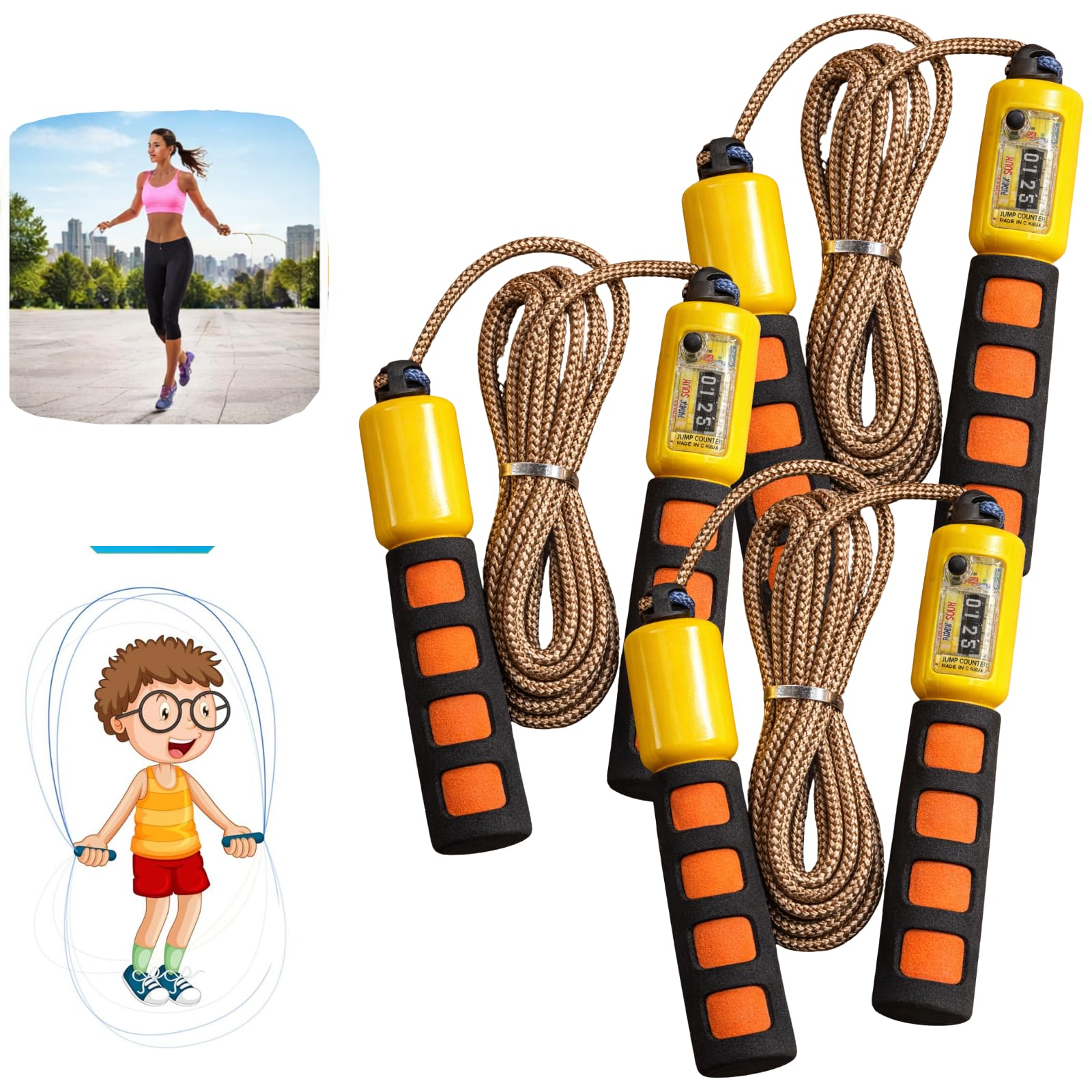 3x Orange Skipping Rope with Counter Adjustable 2.7M Jump Rope EVA Foam Handles Speed Rope for Kids Adults Fitness Cardio Workout Home Exercise Training