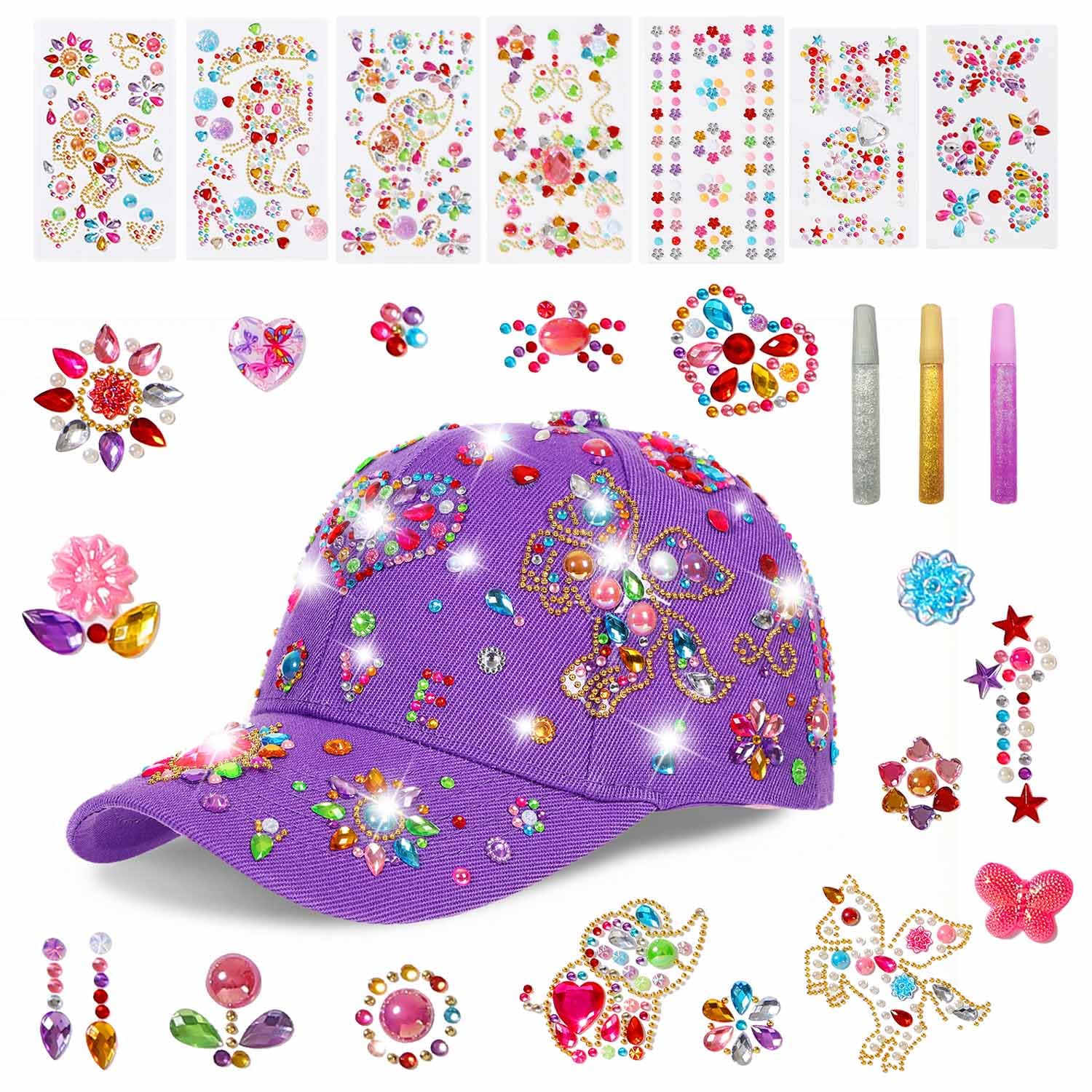 DIY Gem Baseball Cap Craft Kit for Girls, Decorate Your Own Hat with Mermaid Unicorn Rhinestone Stickers, Kid Arts & Crafts for Girl Age 4-12, Trend DIY Tween Gift Toys Supplies Birthday (Purple)