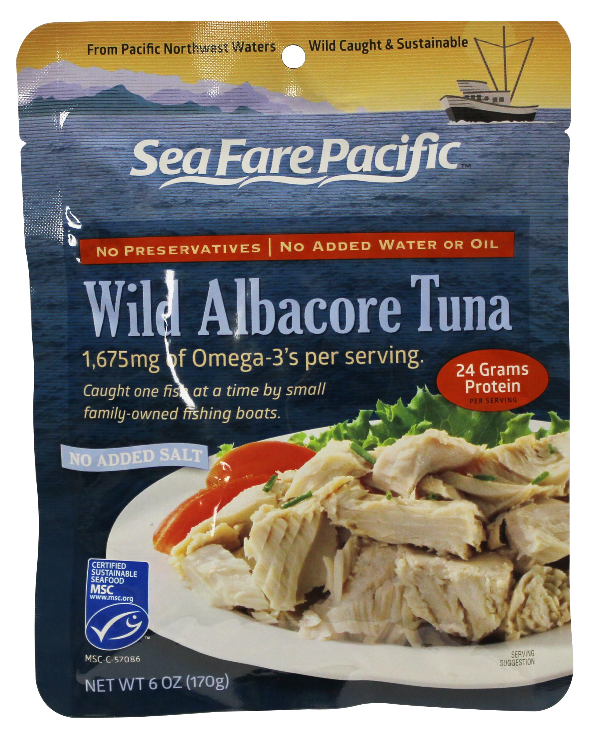 Sea Fare Pacific Wild Caught Albacore Tuna, Naturally Salt Free Pouch, 6 Ounce (Pack of 12)