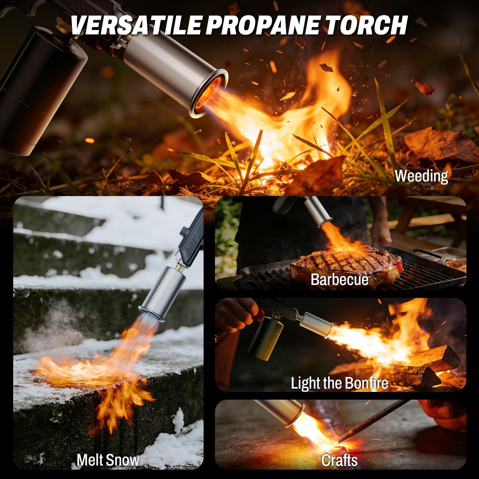Linterna de propano, linterna de cocina, encendedor, bloqueo de seguridad y lanzallamas ajustable, cabezal de antorcha de cocina para parrilla, Sous Vide, barbacoa (tanque no incluido) (negro)