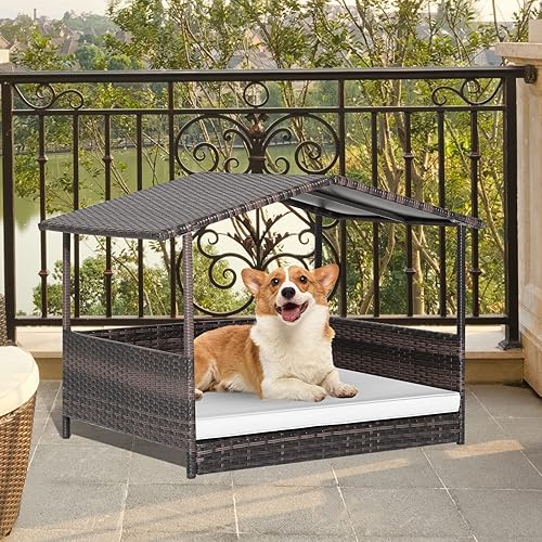 Miniatura 7 de Giantex Casa de mimbre para perro, cama elevada de ratán para perros con techo impermeable, funda de cojín lavable, marco de acero, cama elevada