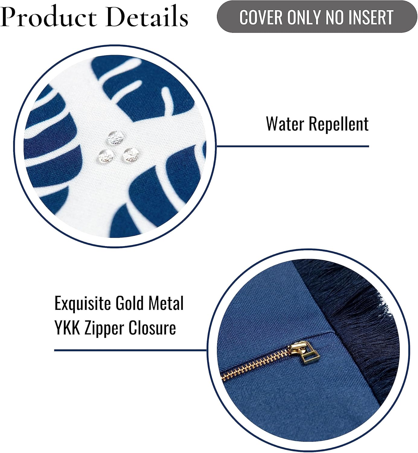 Hofdeco Premium Coastal Hampton Style Patio Indoor Outdoor Lumbar Pillow Cover Only, 12"x20" Water Resistant for Backyard, Couch, Navy Blue Monstera Leaf Fringe