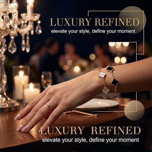 2 Stück Armband Damen Gold Vierblättriges Kleeblatt Armband Set 18 Karat Vergoldet Armbands Edelstahl Verstellbare Glücksbringer mit Klee Gold Schmuck Geschenk für Frauen Mädche(Rosa, Weiß) - 2