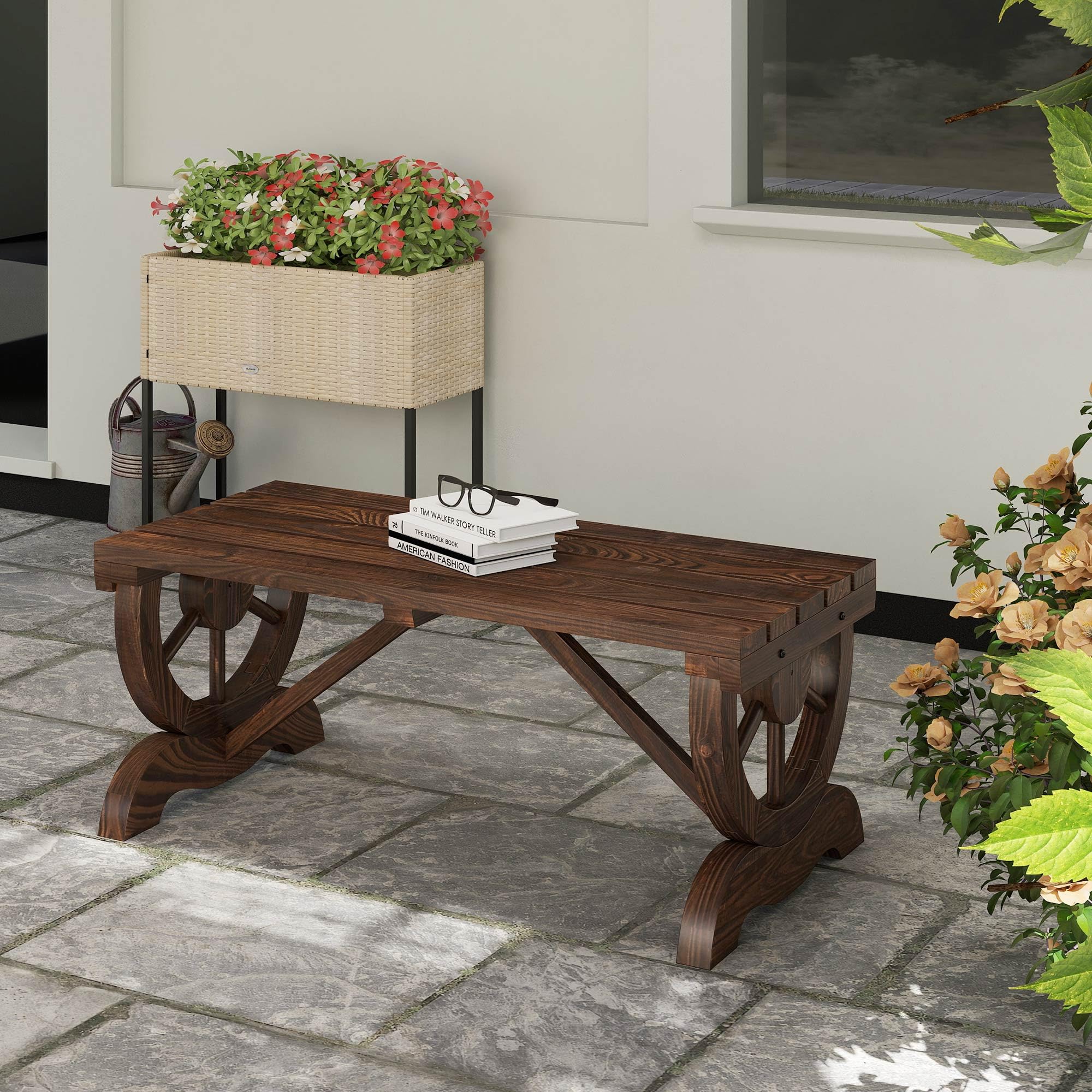 Outsunny Panchina da Giardino da 2 Posti con Design a Ruota, Panchina da Esterno a Doghe in Legno di Abete, Panca per Terrazza Patio e Cortile, 98x50x39.5 cm, Marrone