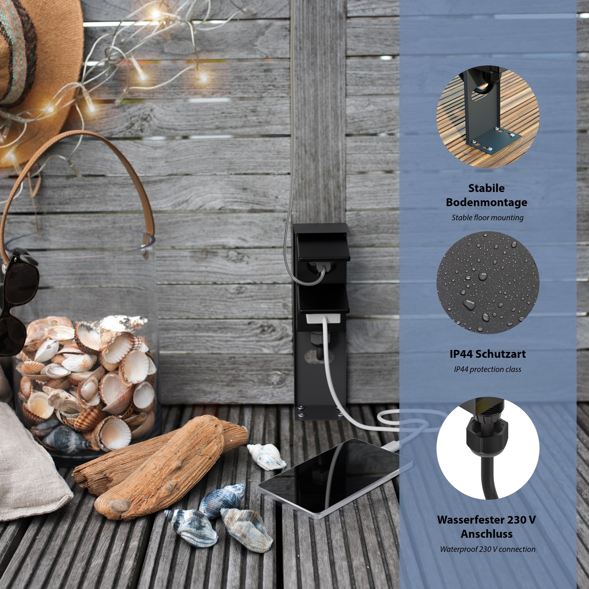 ledscom.de 2x Garten Steckdosensäule PIWI für außen, IP44, 2-fach, Edelstahl, anthrazit, eckig, 25 cm