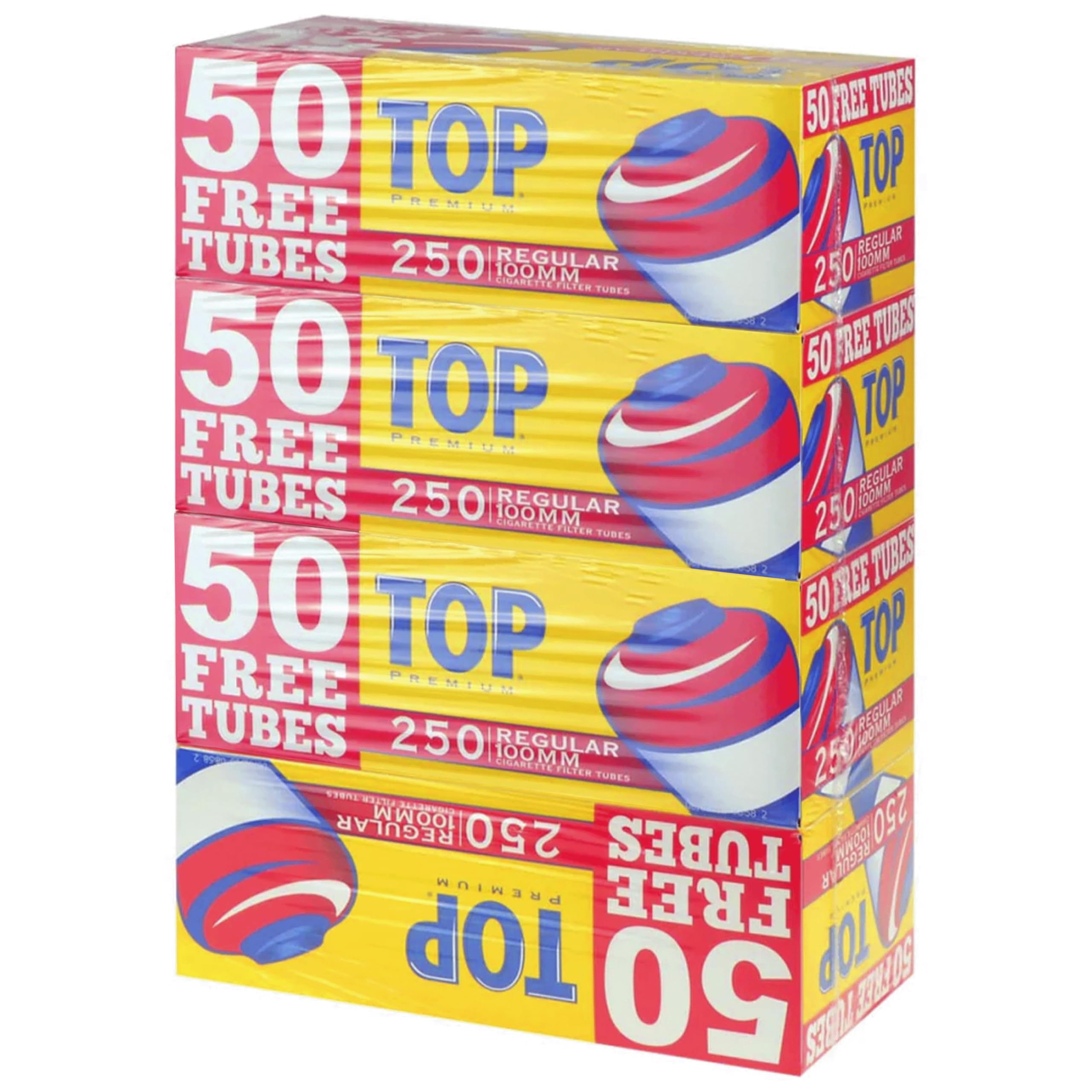 TOP - Regular Full Flavor Red RYO 100s Cigarette Filter Tubes - 4 Boxes with 250 Tubes per Box