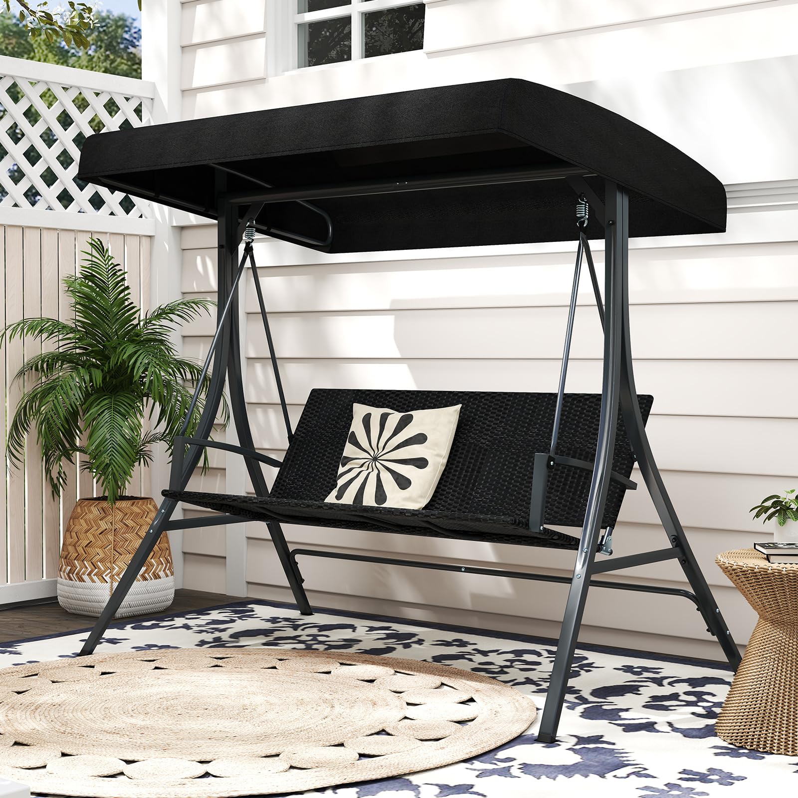 COSTWAY Balancin Jardin Exterior de 3 Plazas, Techo Ajustable, Respaldo de Asiento de Ratán, Estructura Metálica, Columpio Jardin Exterior Porche Patio Trasero, 121 x 145 x 176 cm, Carga 450kg