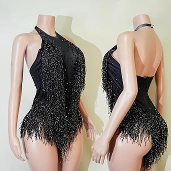 Sparkly Diamante Fringe Bodysuit Women Sexy Dancer Leotard Celebrate Outfit Prom Bar Birthday Nightclub Costume