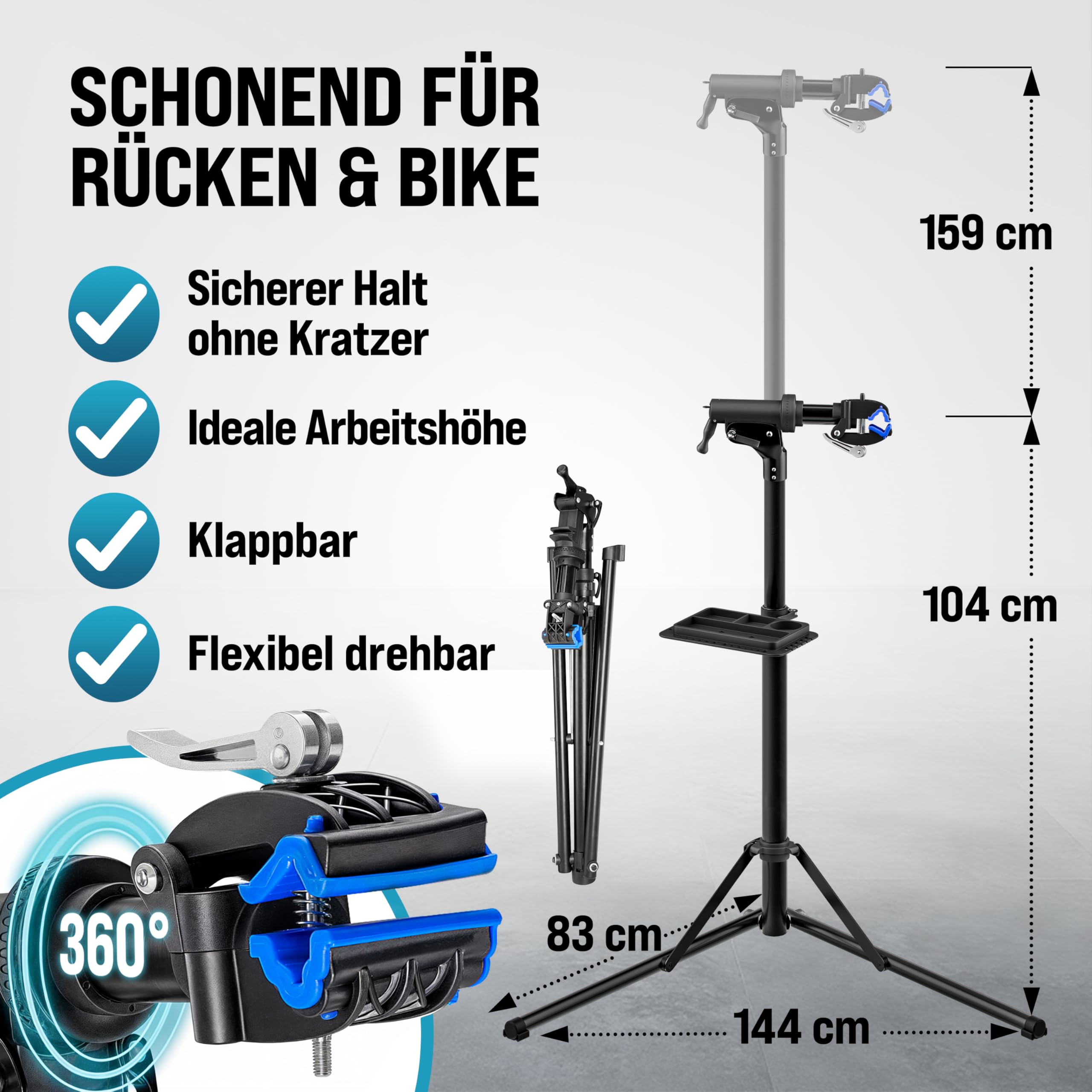 MONZANA® Fahrradmontageständer 50 kg mit Drehmomentschlüssel 1/4 Zoll Set Profi E-Bike klappbar Tragetasche Reifenheber 1-25 Nm Bitset Transportbox