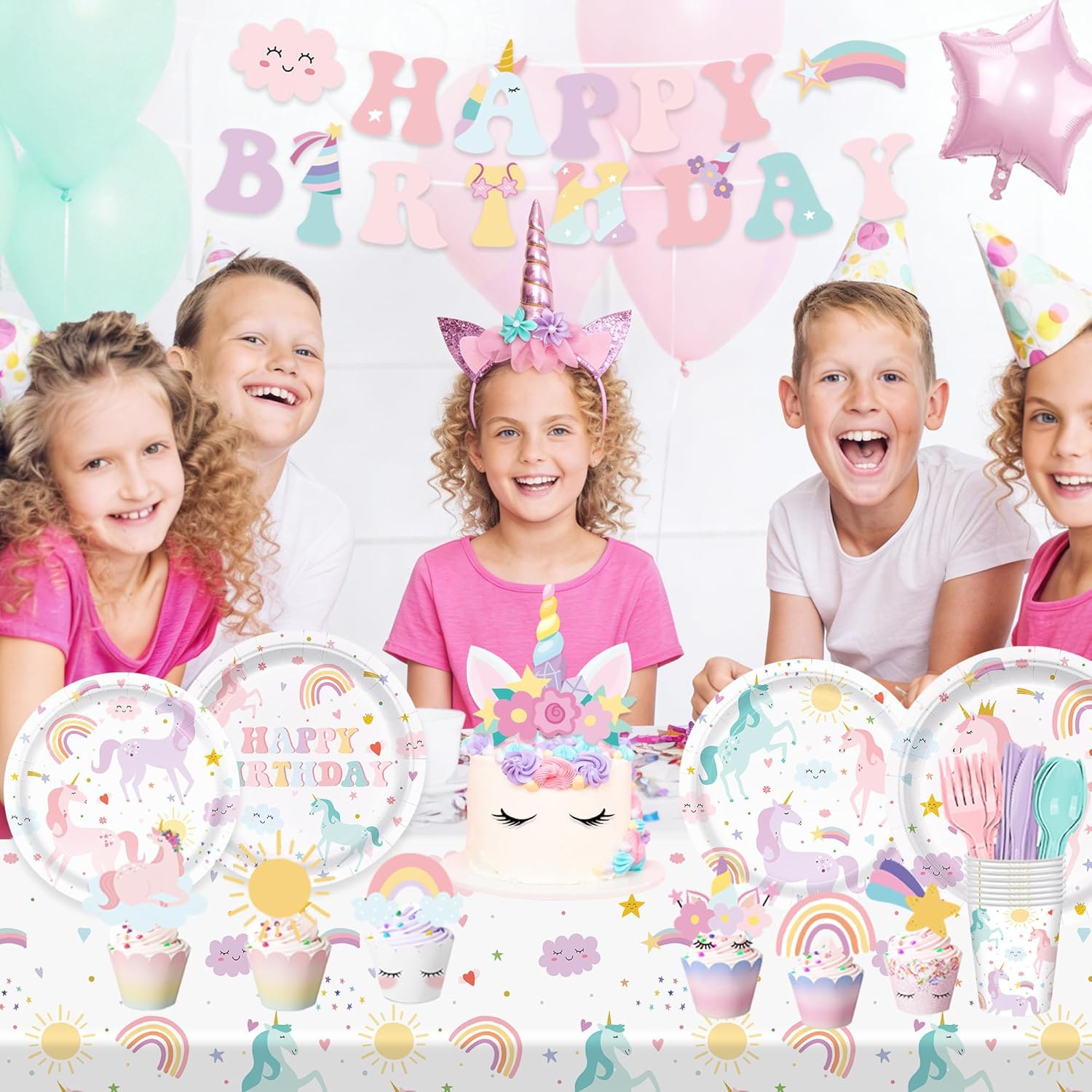 188pcs Unicorn Party Supplies Include Paper Plates Napkins Cups Banner Tablecloth Disposable Tableware Set for Girls Birthday Unicorn Party Decorations Serve 20 Guests