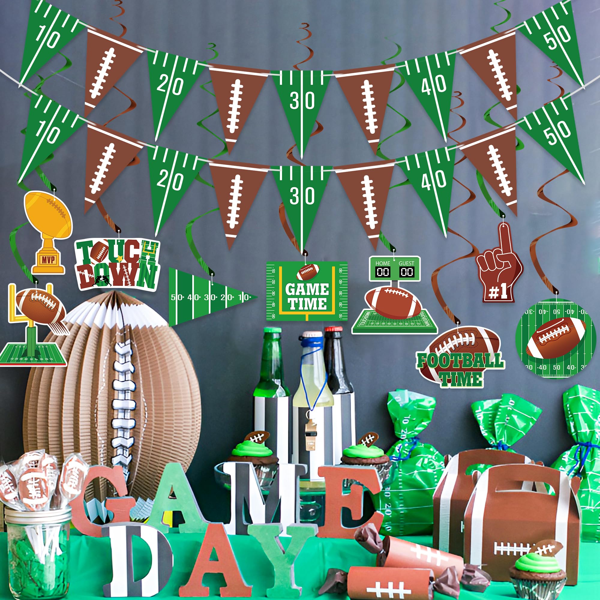 Football Party Decorations Set - Triangle Pennant Banner & Hanging Swirls For Super Bowl, Game Day, Birthdays - View #7