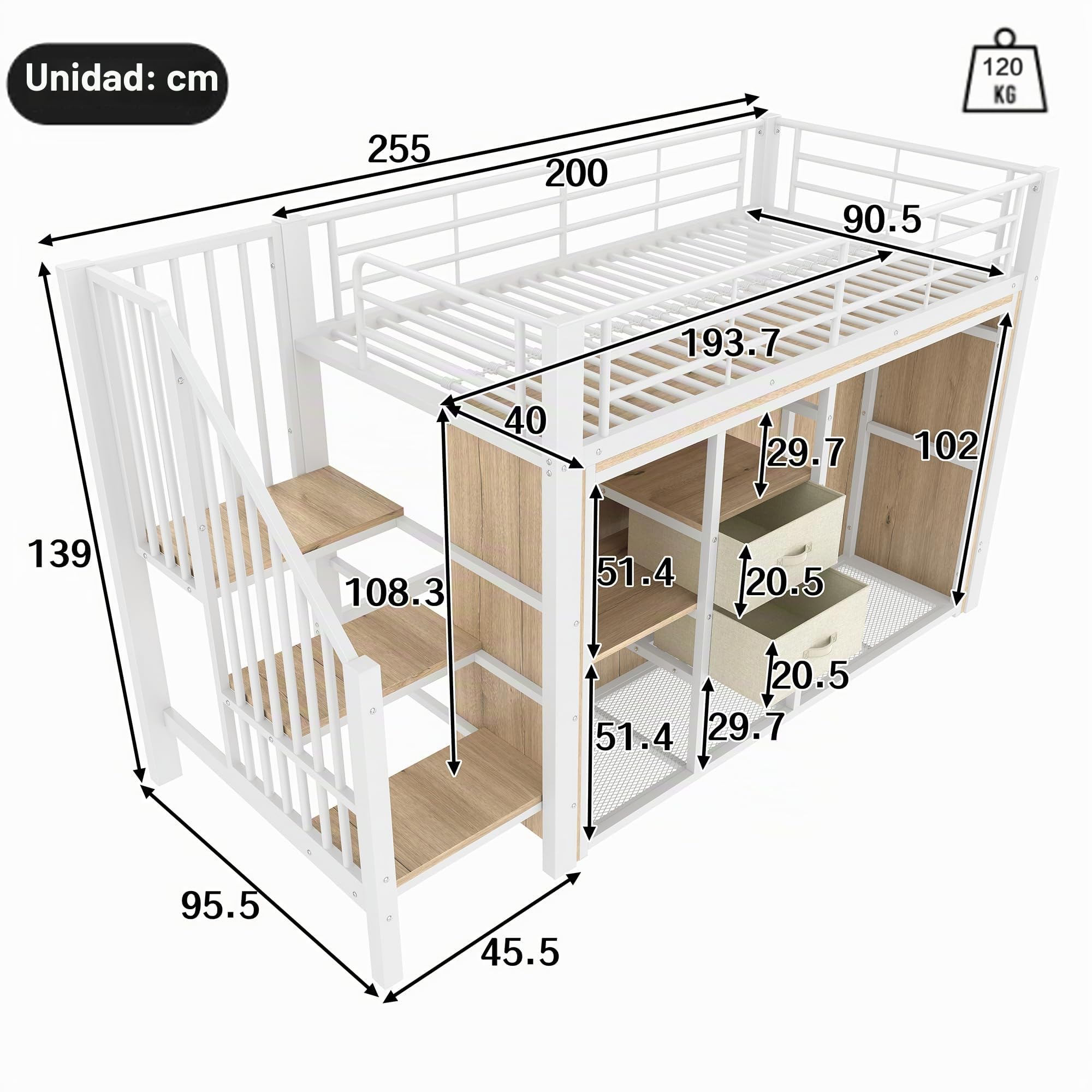 Idemon 90 x 200 cm, cama alta, 2 cajones, armario abierto, iluminación ambiental, muchos compartimentos de almacenamiento, colchón no incluido (blanco)