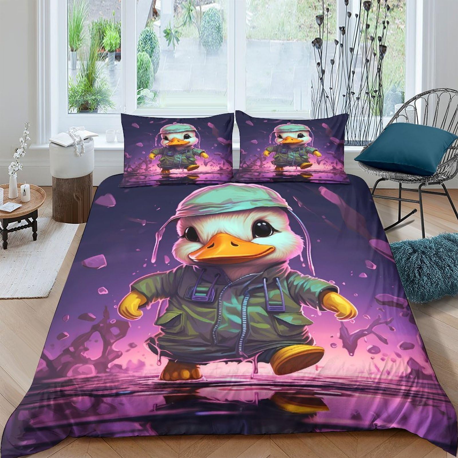 Ctjqhvkz Style-2 3D Printed Cartoon Duck Fitted Sheet Microfiber Purple Graffiti Mattress Cover Anti-Slip Washable For Bedroom Dorm Apartment Decor Single（135X200cm）