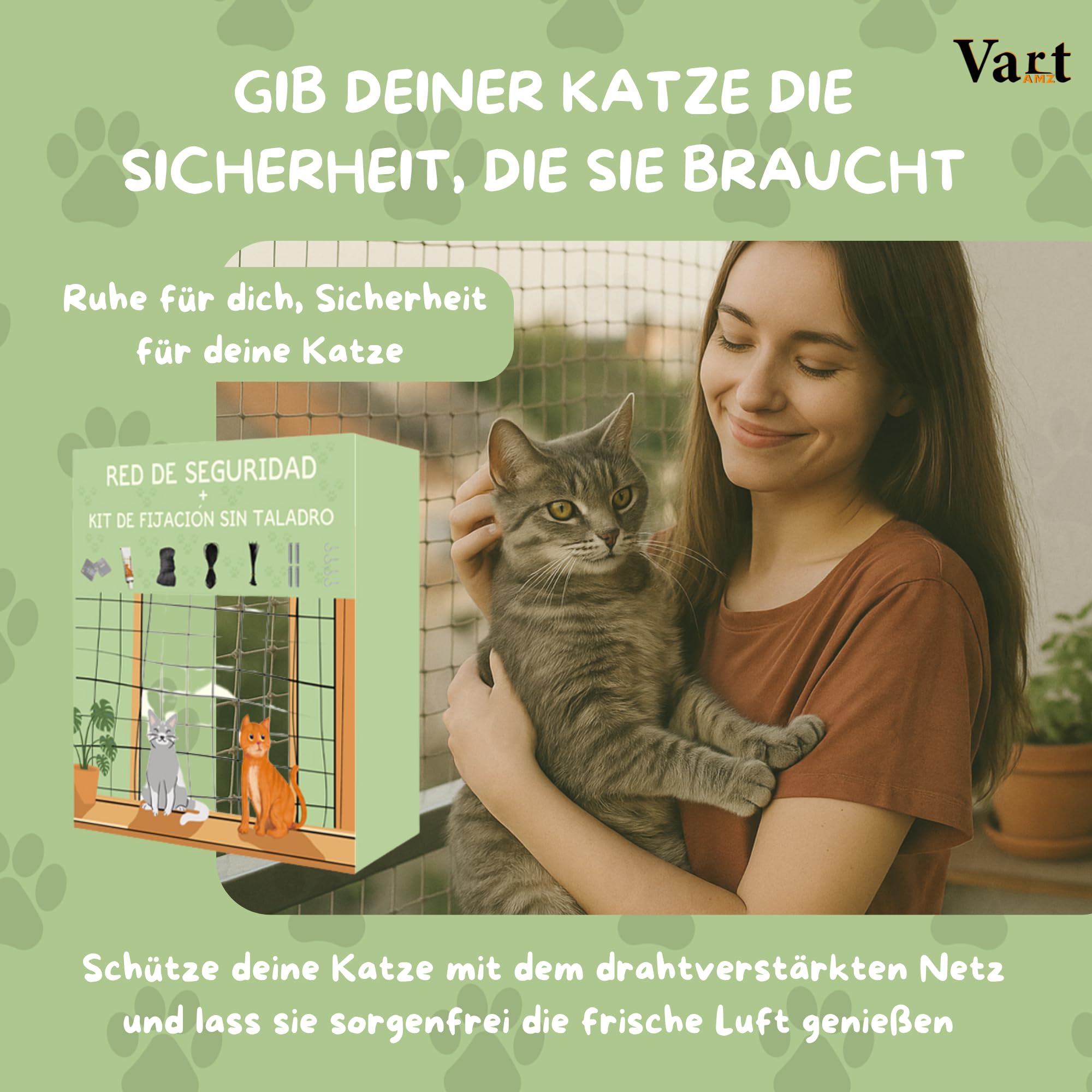 Verstärktes Schutznetz für Katzen, 8 x 3 m, mit Draht, Installationsset ohne Bohren
