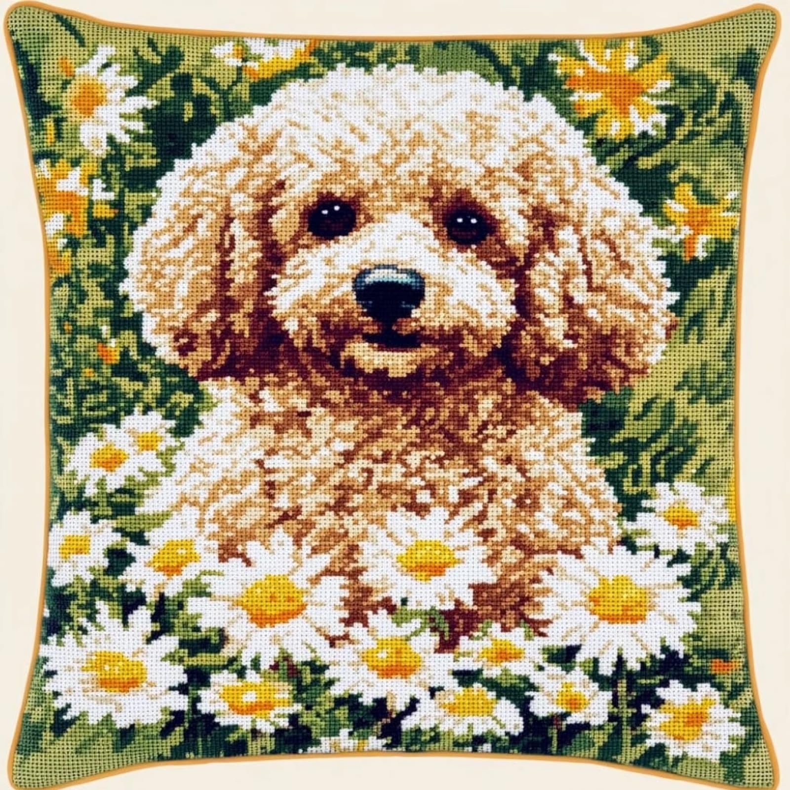 WallustrioaW Cross Stitch Pillow Kits for Adults,Poodle in a Daisy Bush DIY Cushion Embroidery Kit 45x45cm Needlepoint Handmade Needlework Cushion Kit